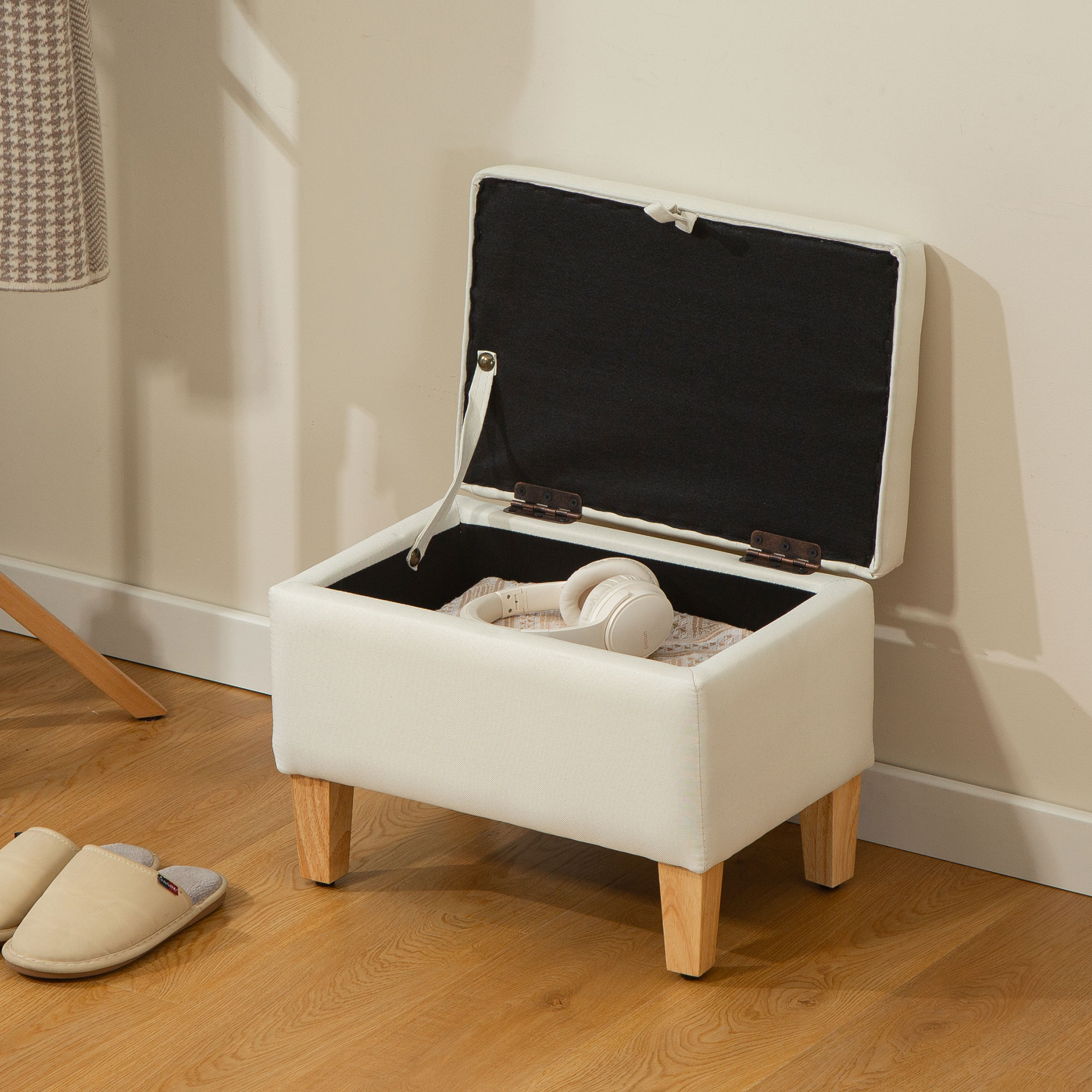 HOMCOM 16L Linen Storage Ottoman Padded Footstool with Rubberwood Legs for Storage Box, Bed End, Shoe Bench, Seating, Beige 7