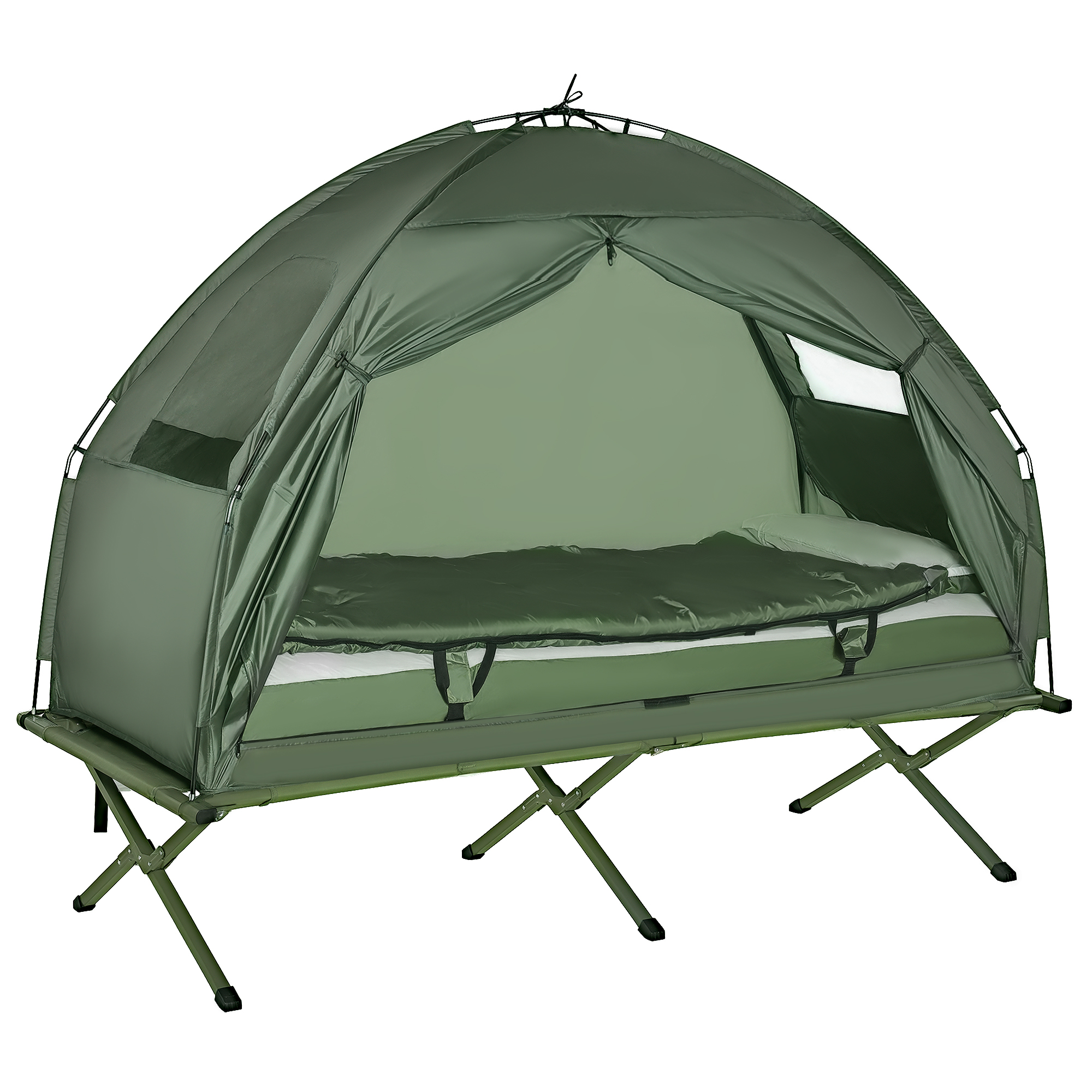 4 en 1 tente surélevée avec lit de camping pliable +sac de couchage +matelas pneumatique+pompe neuf