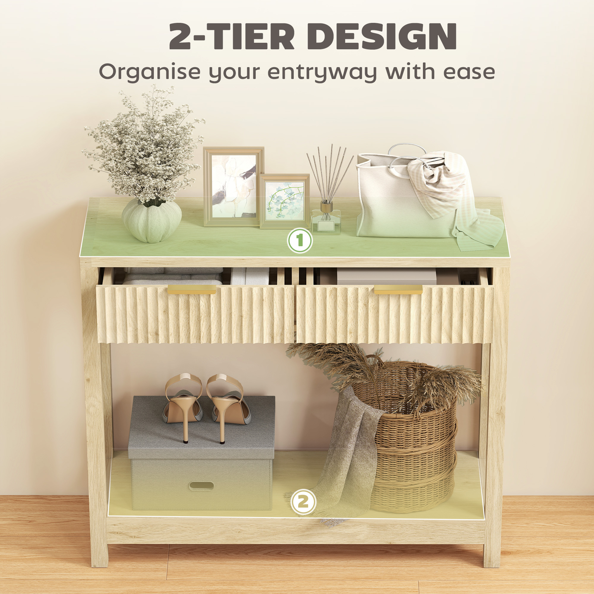 HOMCOM Modern Console Table with Fluted Panel Drawers, Narrow Hallway Table with Shelf for Entryway, Living Room, 90 x 30 x 76 cm, Natural Wood Finish 4