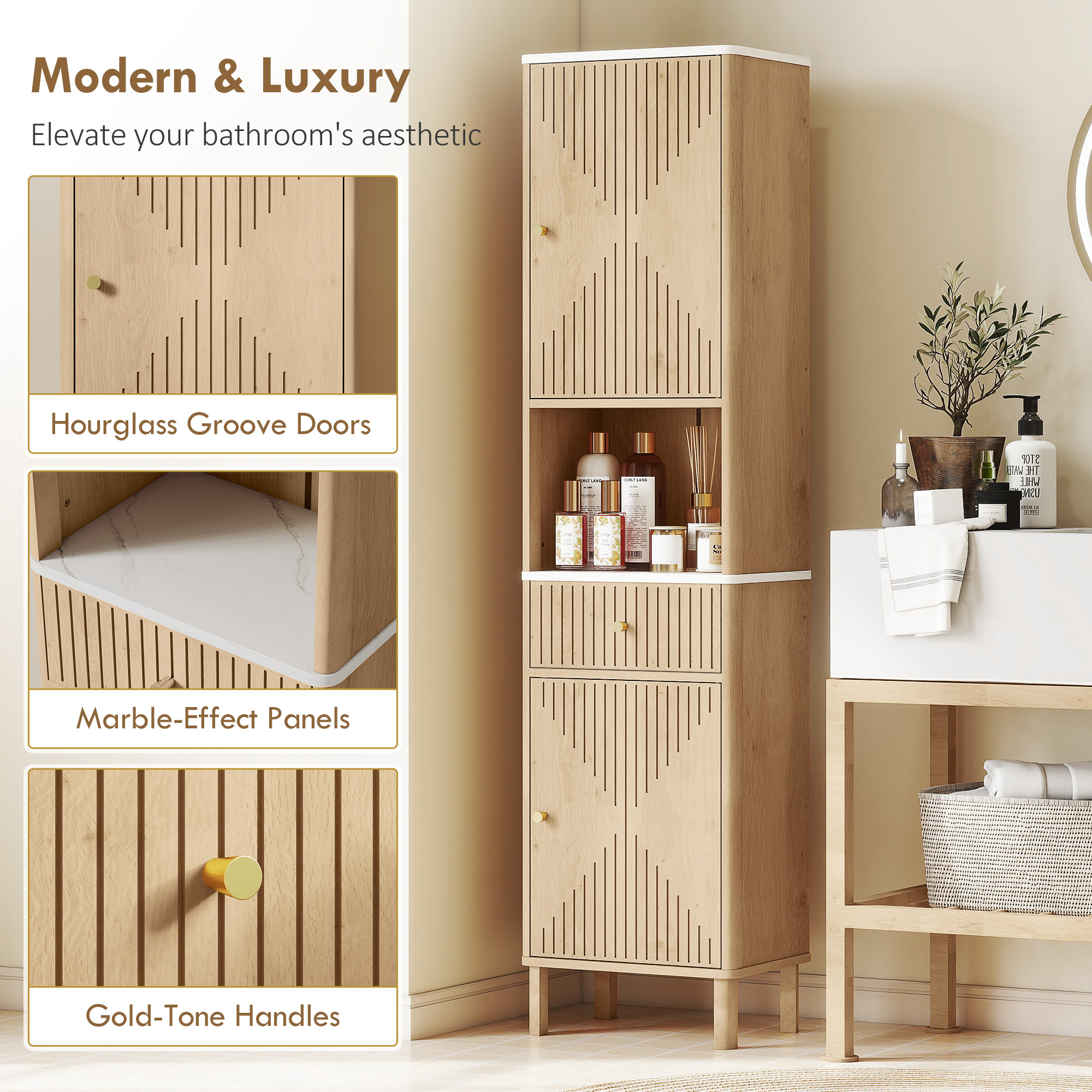 HOMCOM Multi-Storage Slimline Bathroom Cabinet Wood-Effect 4
