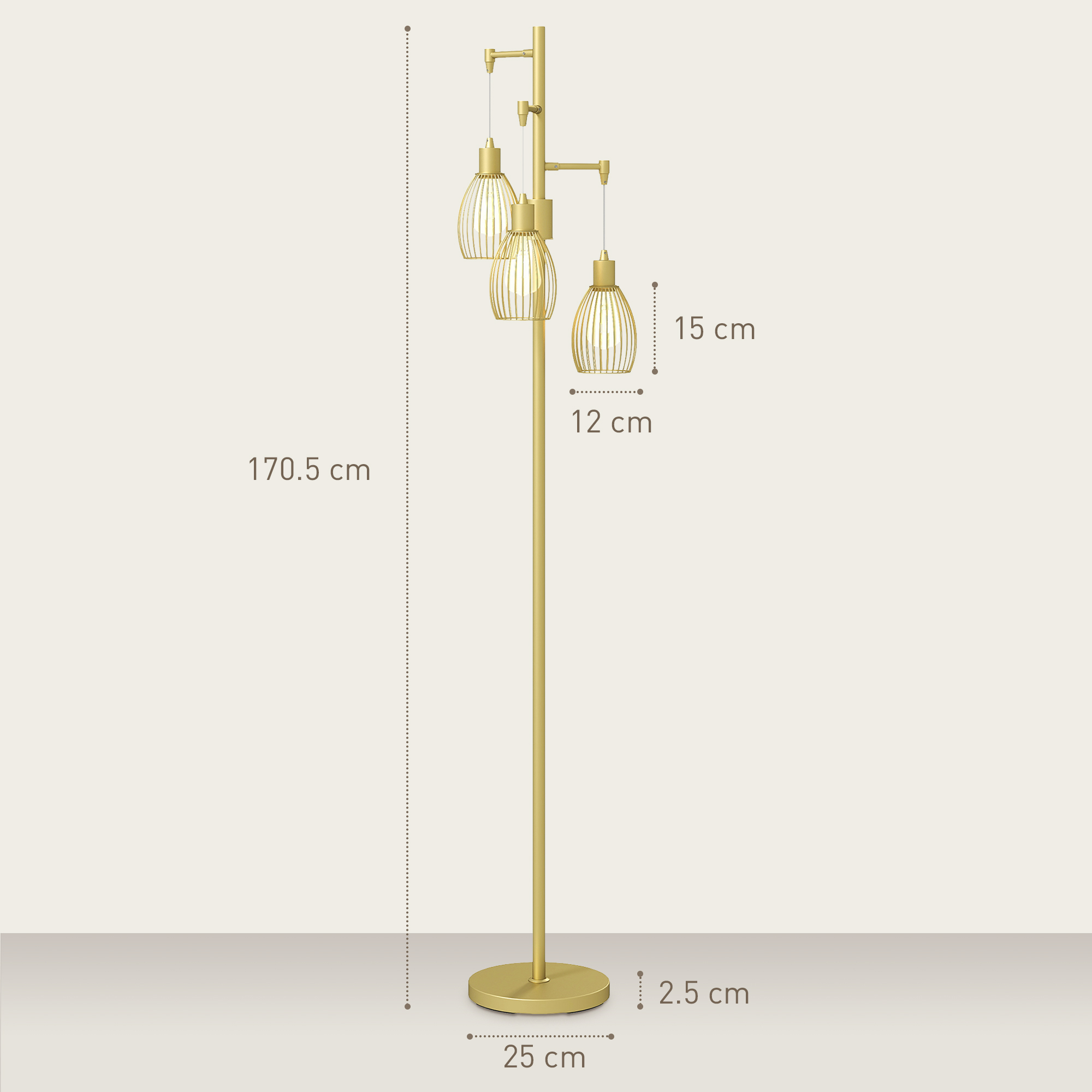 HOMCOM 3-Light Floor Lamp, 170cm Industrial Dimmable Standing Lamp with Steel Wire Cage Lampshades for Living Room, Bedroom, Dining Room, Study, Bulb Not Included, Gold Tone 3