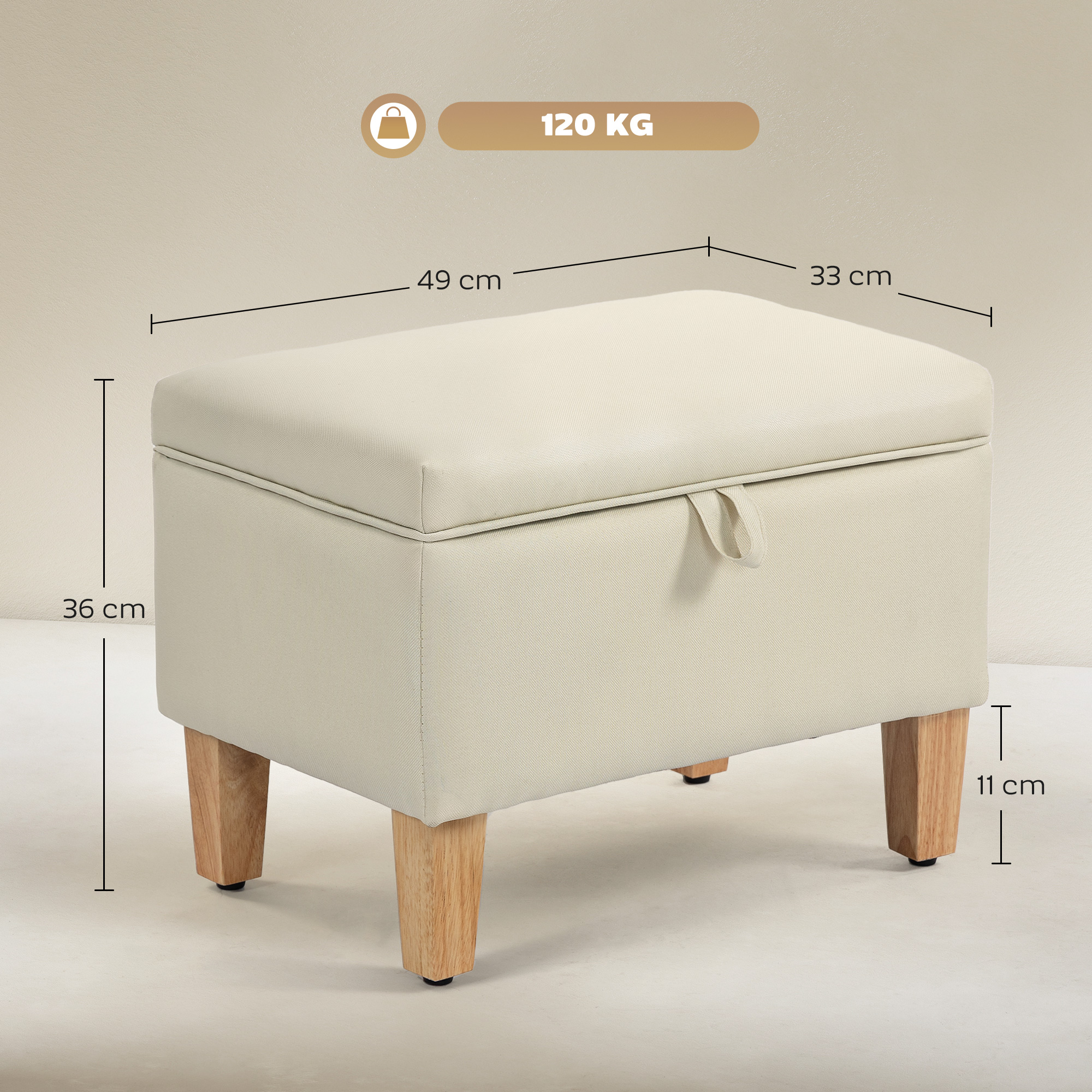 HOMCOM 16L Linen Storage Ottoman Padded Footstool with Rubberwood Legs for Storage Box, Bed End, Shoe Bench, Seating, Beige 3