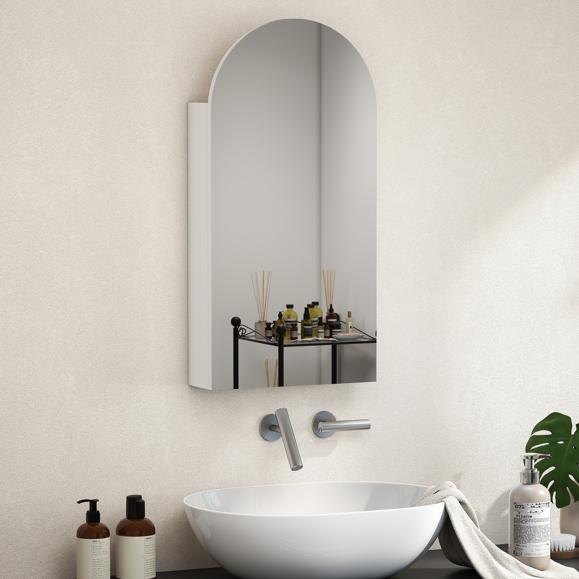 HOMCOM Arched Bathroom Mirror Cabinet with Adjustable Glass Shelves White 2