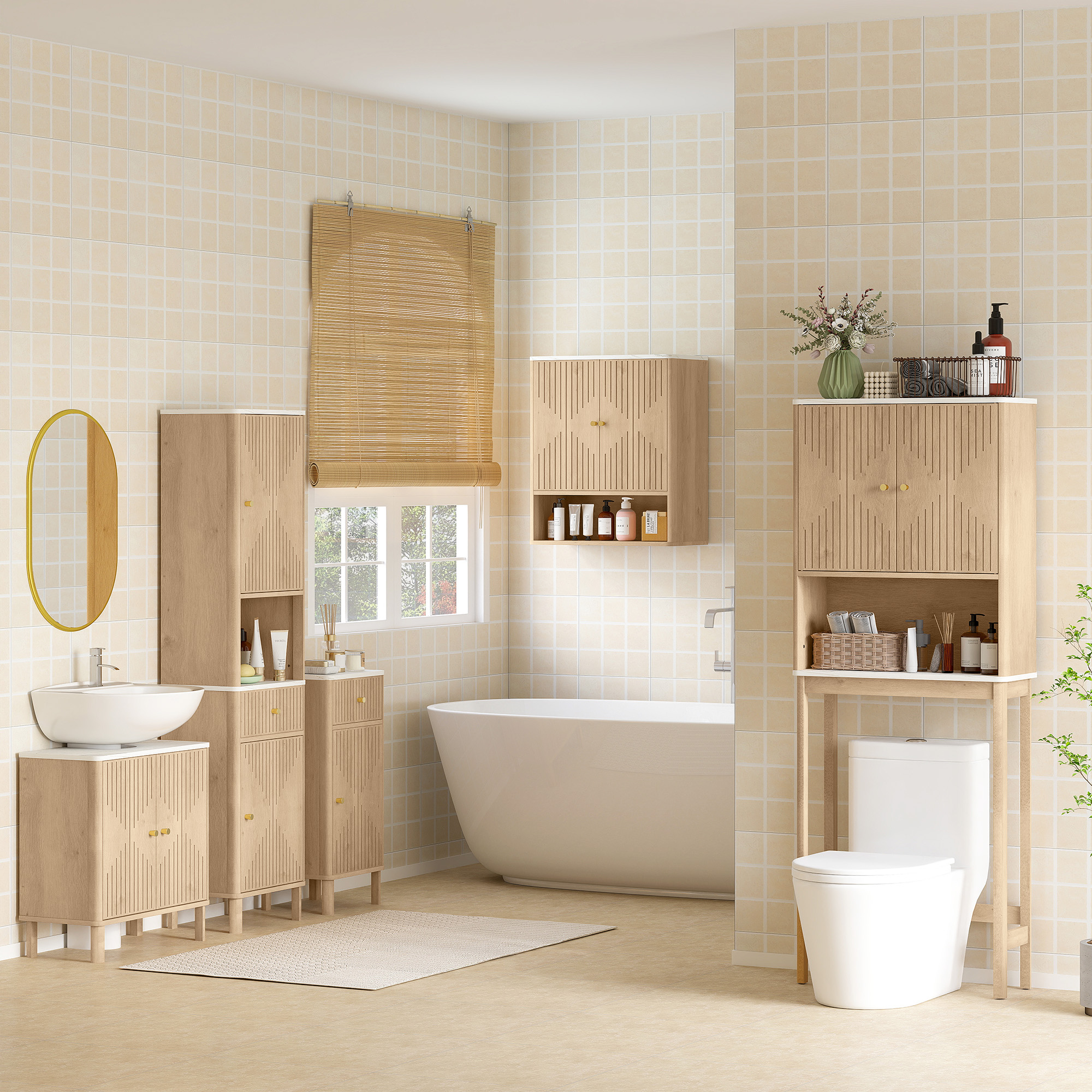 HOMCOM Bathroom Wall Cabinet with Adjustable Shelf Oak 8