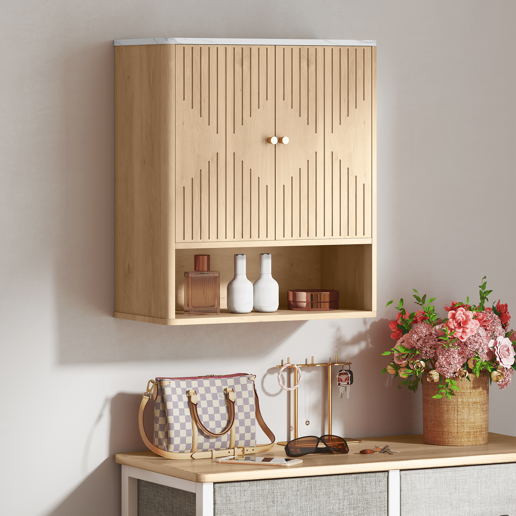 HOMCOM Bathroom Wall Cabinet with Adjustable Shelf Oak 9