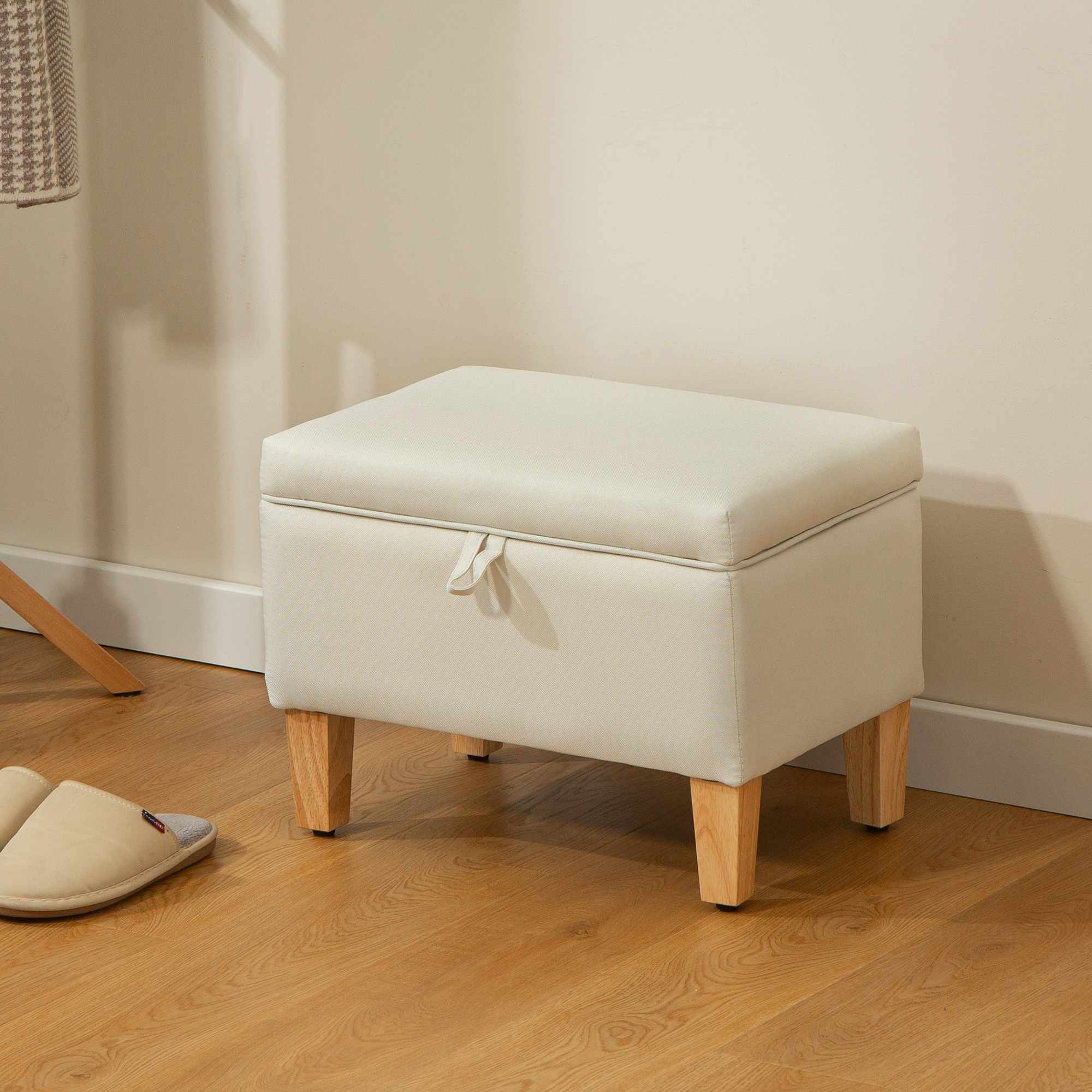HOMCOM 16L Linen Storage Ottoman Padded Footstool with Rubberwood Legs for Storage Box, Bed End, Shoe Bench, Seating, Beige 2