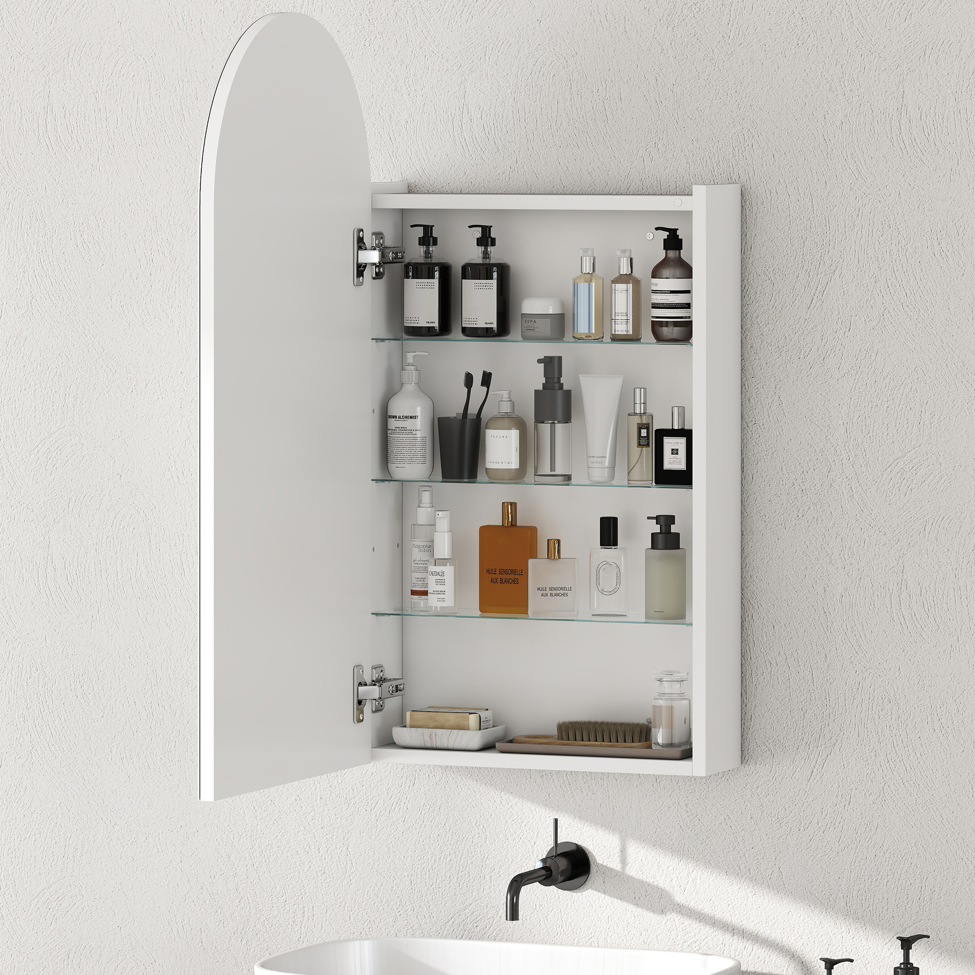 HOMCOM Arched Bathroom Mirror Cabinet with Adjustable Glass Shelves White 7