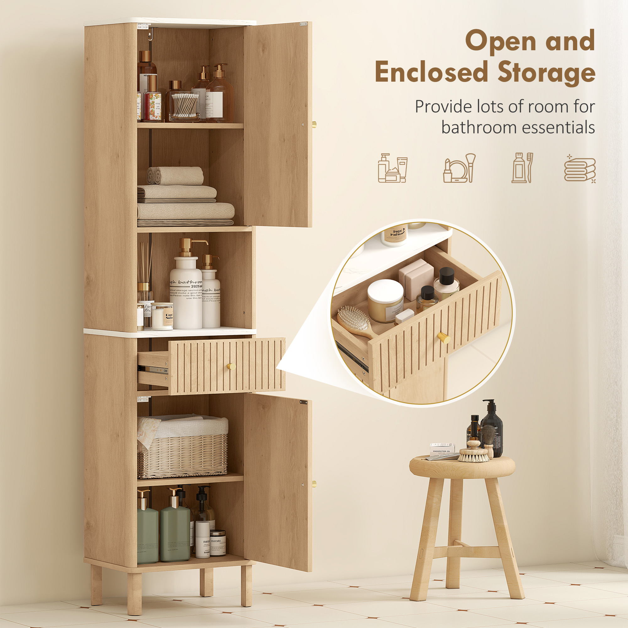 HOMCOM Multi-Storage Slimline Bathroom Cabinet Wood-Effect 5