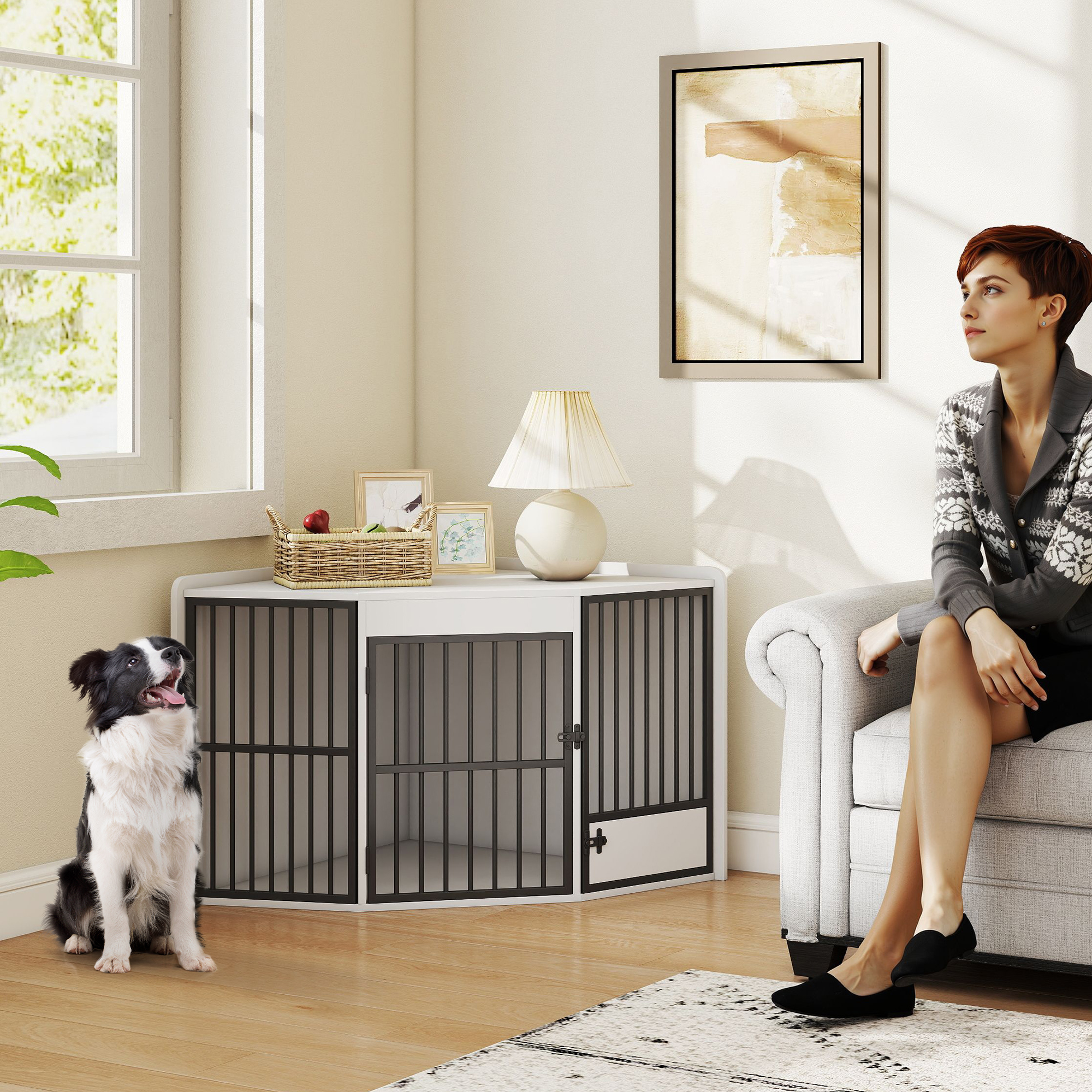 PawHut Eck-Hundekäfig Hundebox für Zuhause, Abschließbare Hundehütte Indoor günstig online kaufen