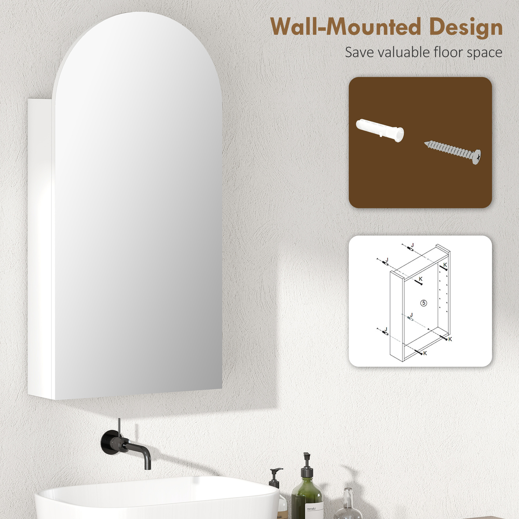 HOMCOM Arched Bathroom Mirror Cabinet with Adjustable Glass Shelves White 6