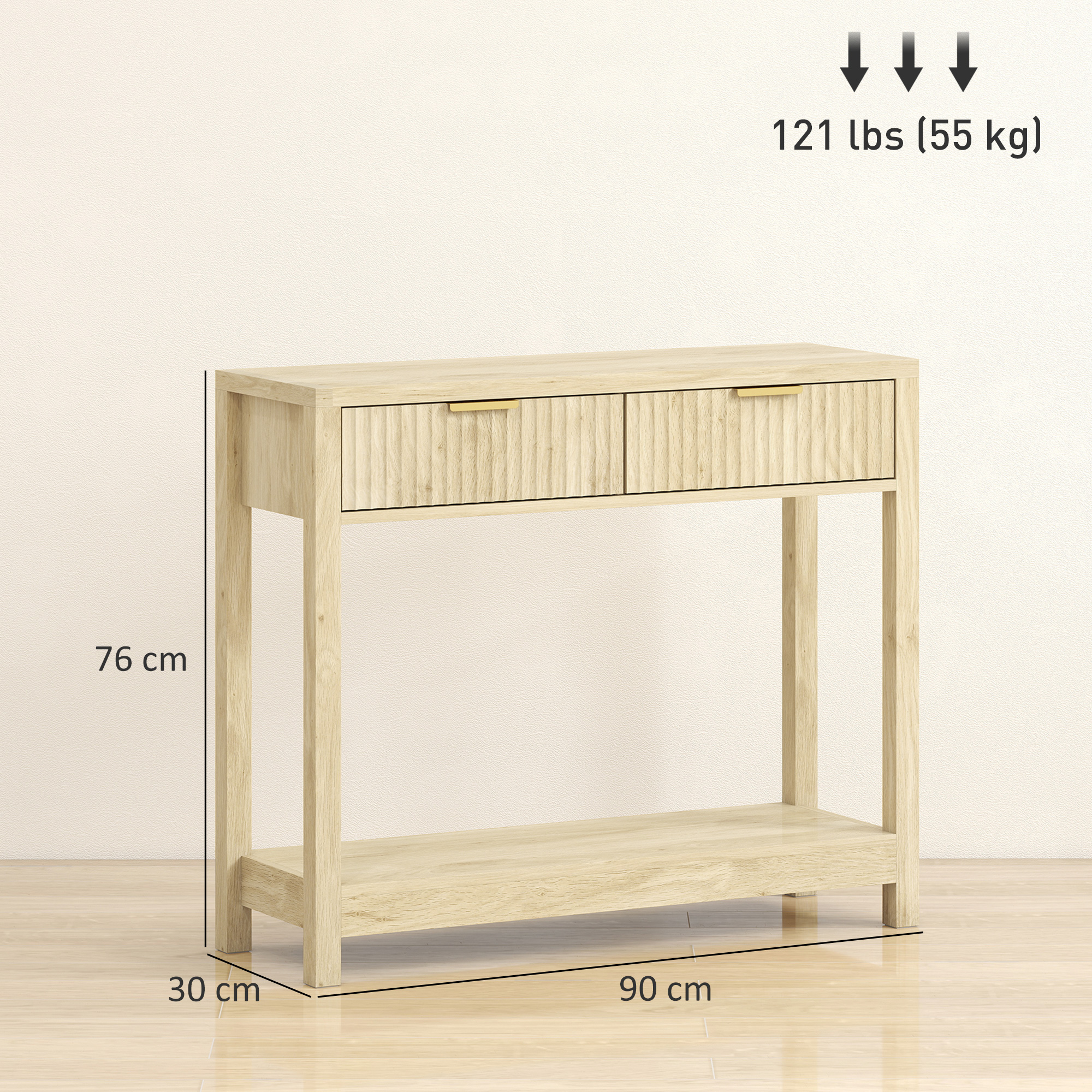 HOMCOM Modern Console Table with Fluted Panel Drawers, Narrow Hallway Table with Shelf for Entryway, Living Room, 90 x 30 x 76 cm, Natural Wood Finish 3