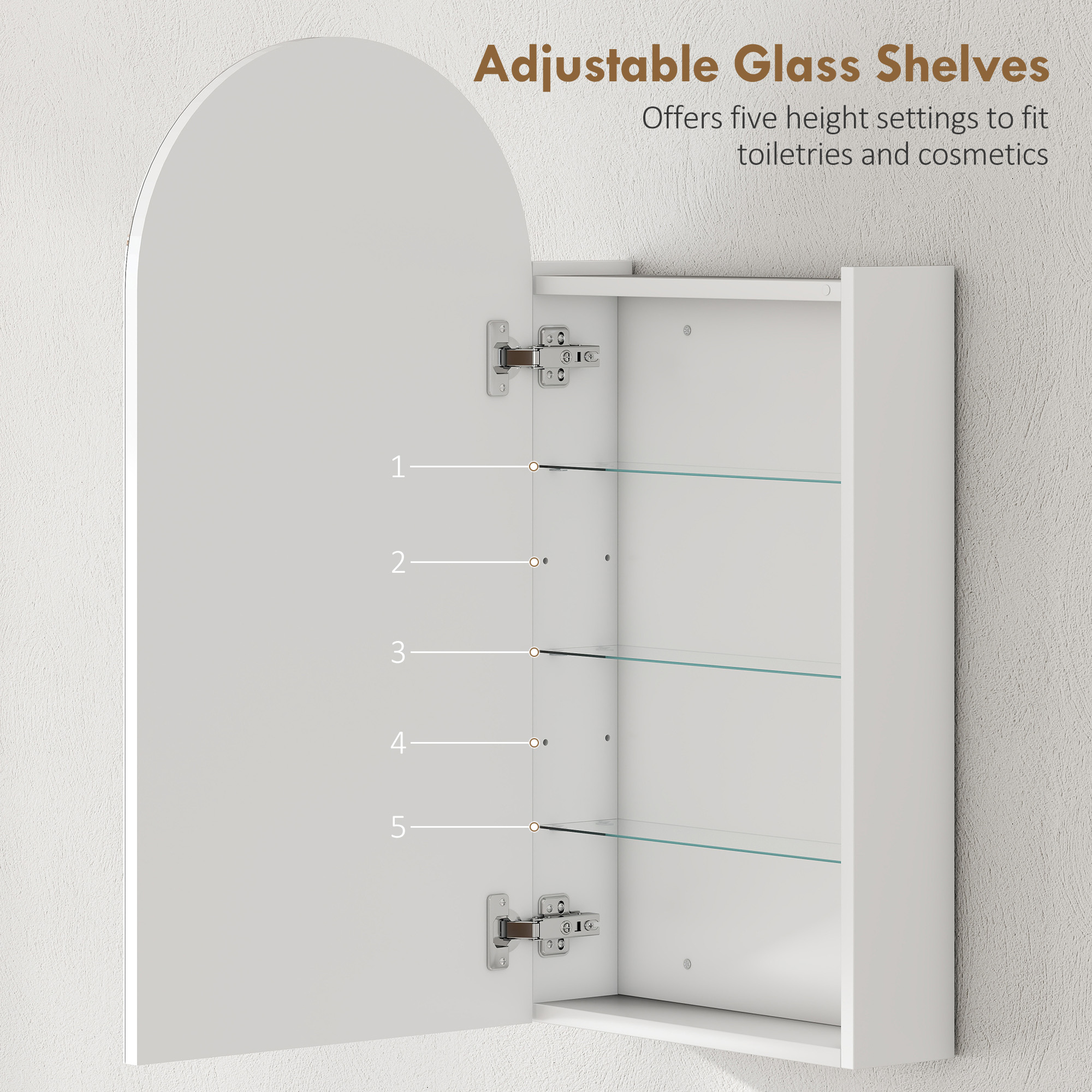 HOMCOM Arched Bathroom Mirror Cabinet with Adjustable Glass Shelves White 5