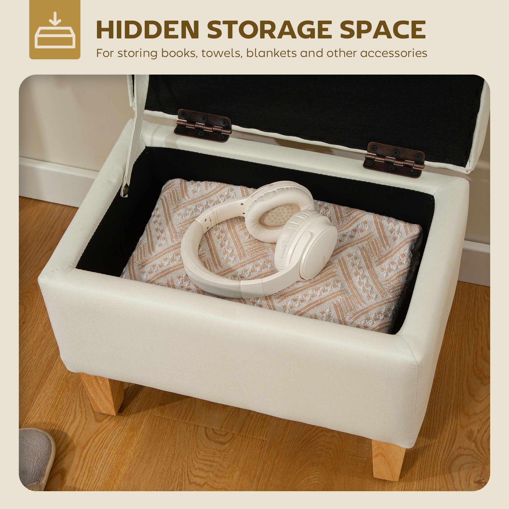 HOMCOM 16L Linen Storage Ottoman Padded Footstool with Rubberwood Legs for Storage Box, Bed End, Shoe Bench, Seating, Beige 4