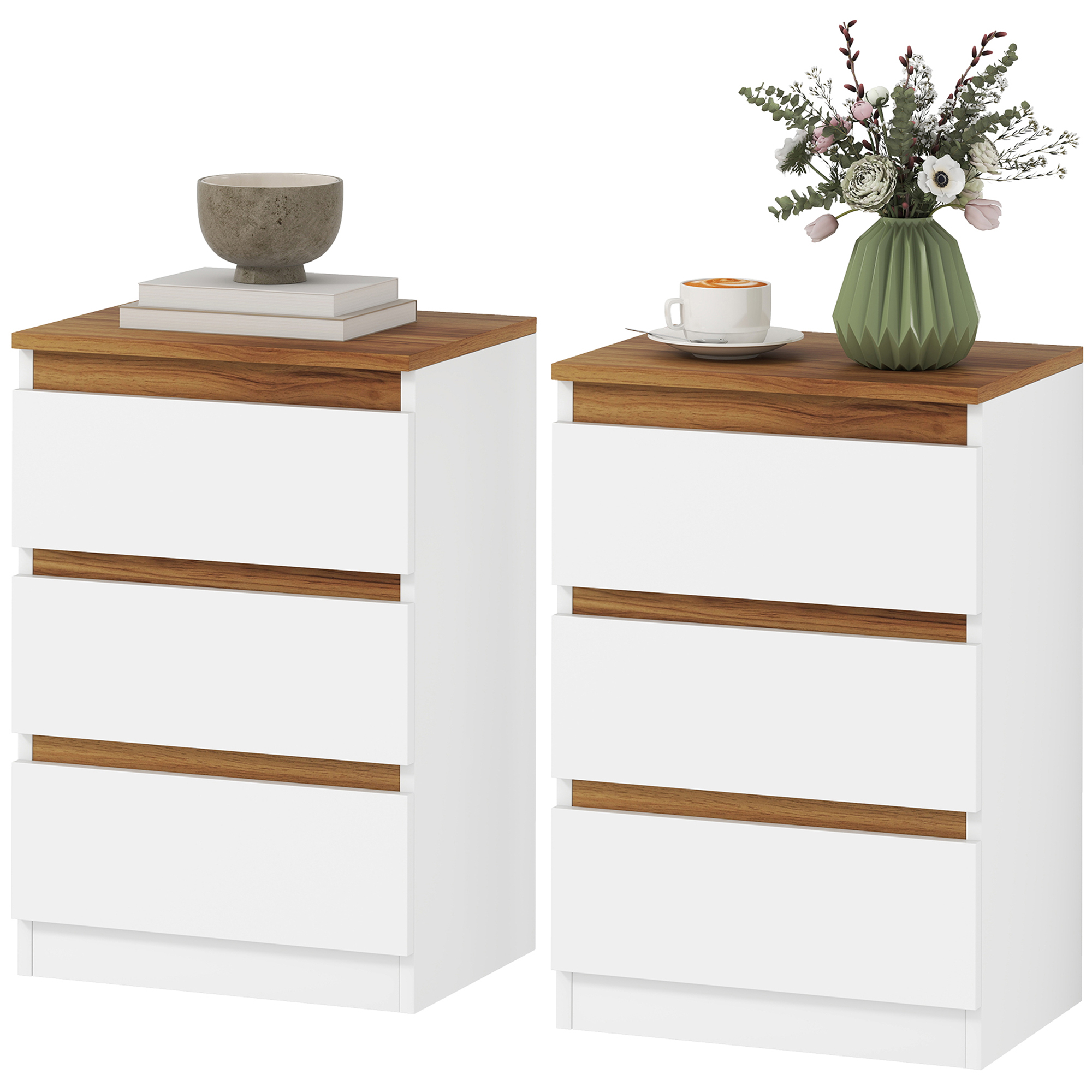 HOMCOM Table de chevet, Ensemble de 2 tables de nuit avec 3 tiroirs, Table de nuit, Table de chevet pour chambre à coucher, salon, 40 x 30 x 59,5 cm, Blanc