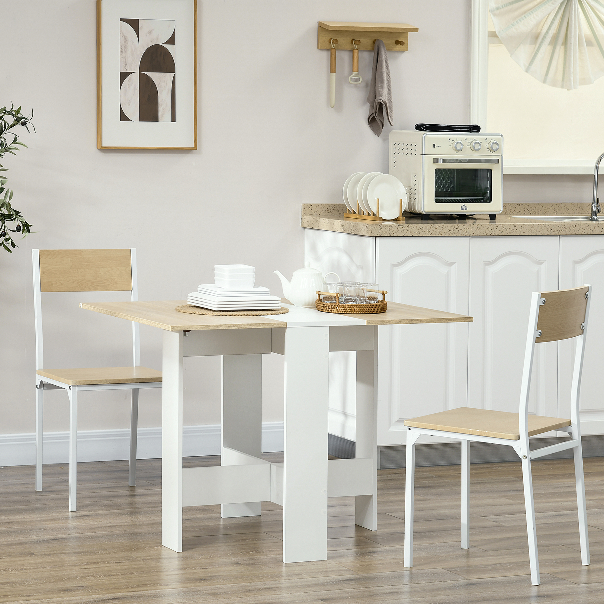 Table à Manger Pliante HOMCOM Avec Rangement - 2 Abattants, 6 Places, 2 Tiroirs, 2 Placards, Roulettes - 140x76x74 Cm (Blanc/Bois) - 9