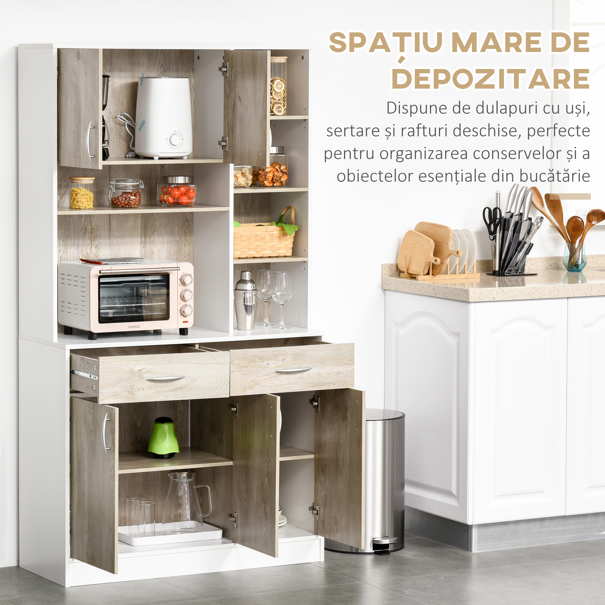  Bufet Bucatarie Alb & Lemn - Compartimentare Moderna & Practica [3]