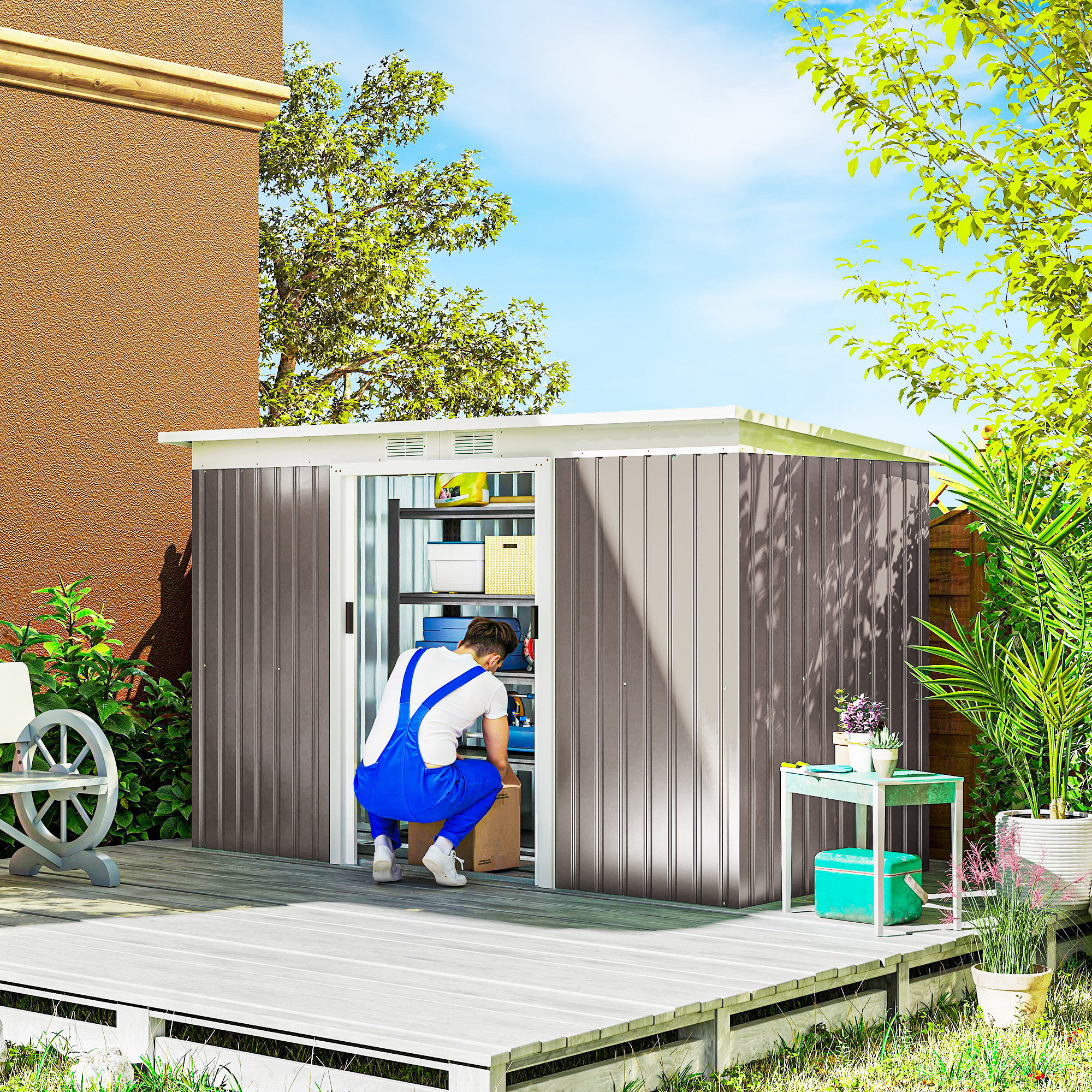 Outsunny Gartenhaus 3,6 m² Geräteschuppen aus verzinktem Stahl mit Schiebet günstig online kaufen