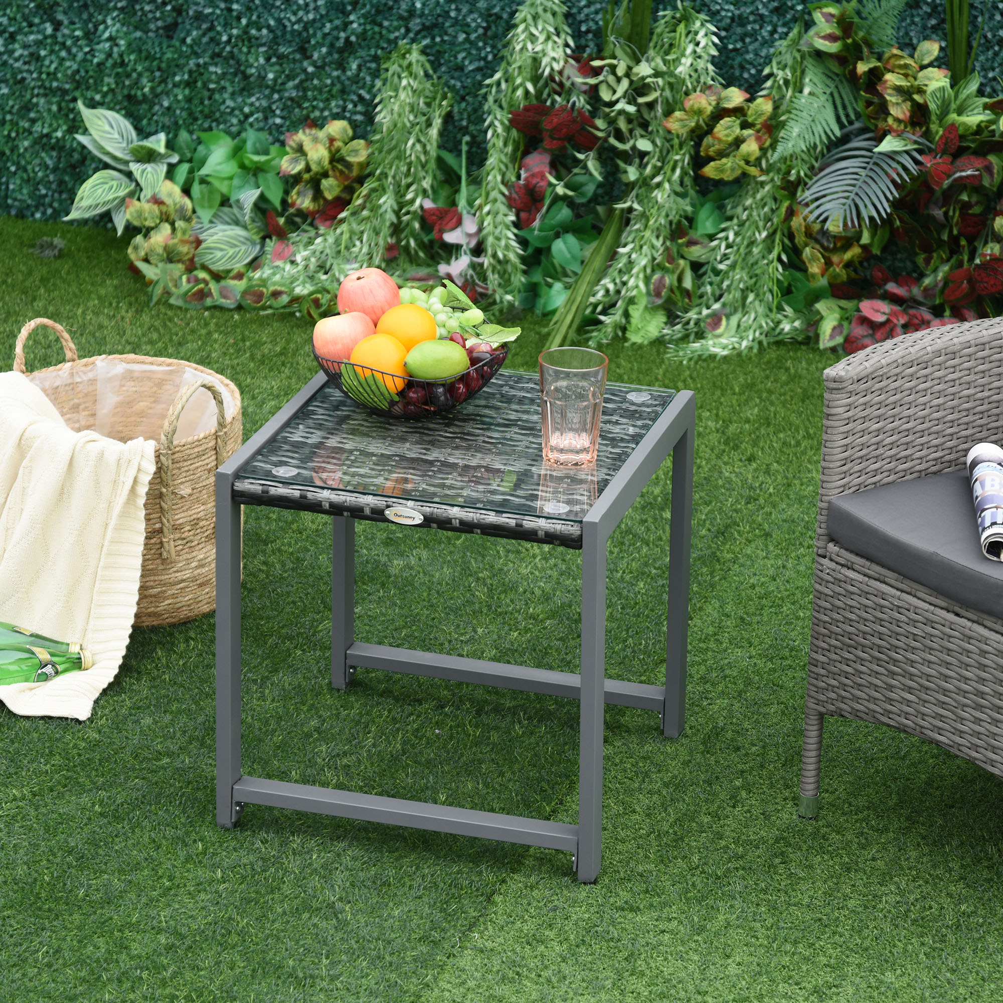 Outsunny® Gartentisch Beistelltisch mit Hartglas, Polyrattan & Aluminium, w günstig online kaufen