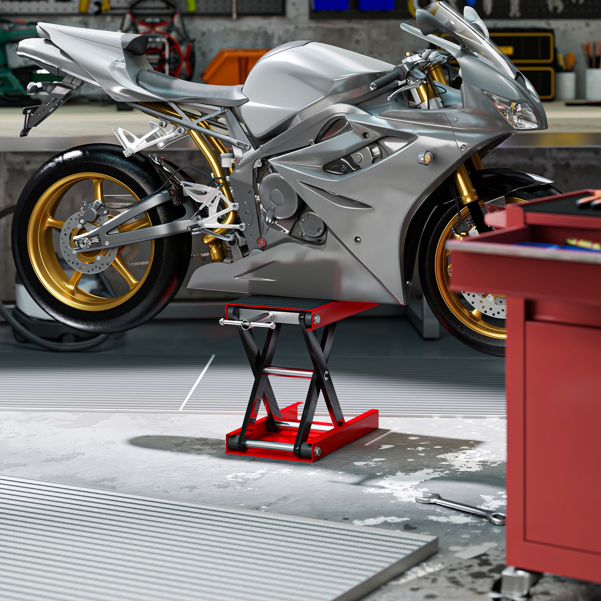 DURHAND 500KG Motorcycle Lift Scissor Jack, Height Adjustable Motorbike Stand with Anti-Slip Wide Deck, Heavy Duty Steel Motorbike Repair Lift Hoist Stand for Home Garage, Red 9