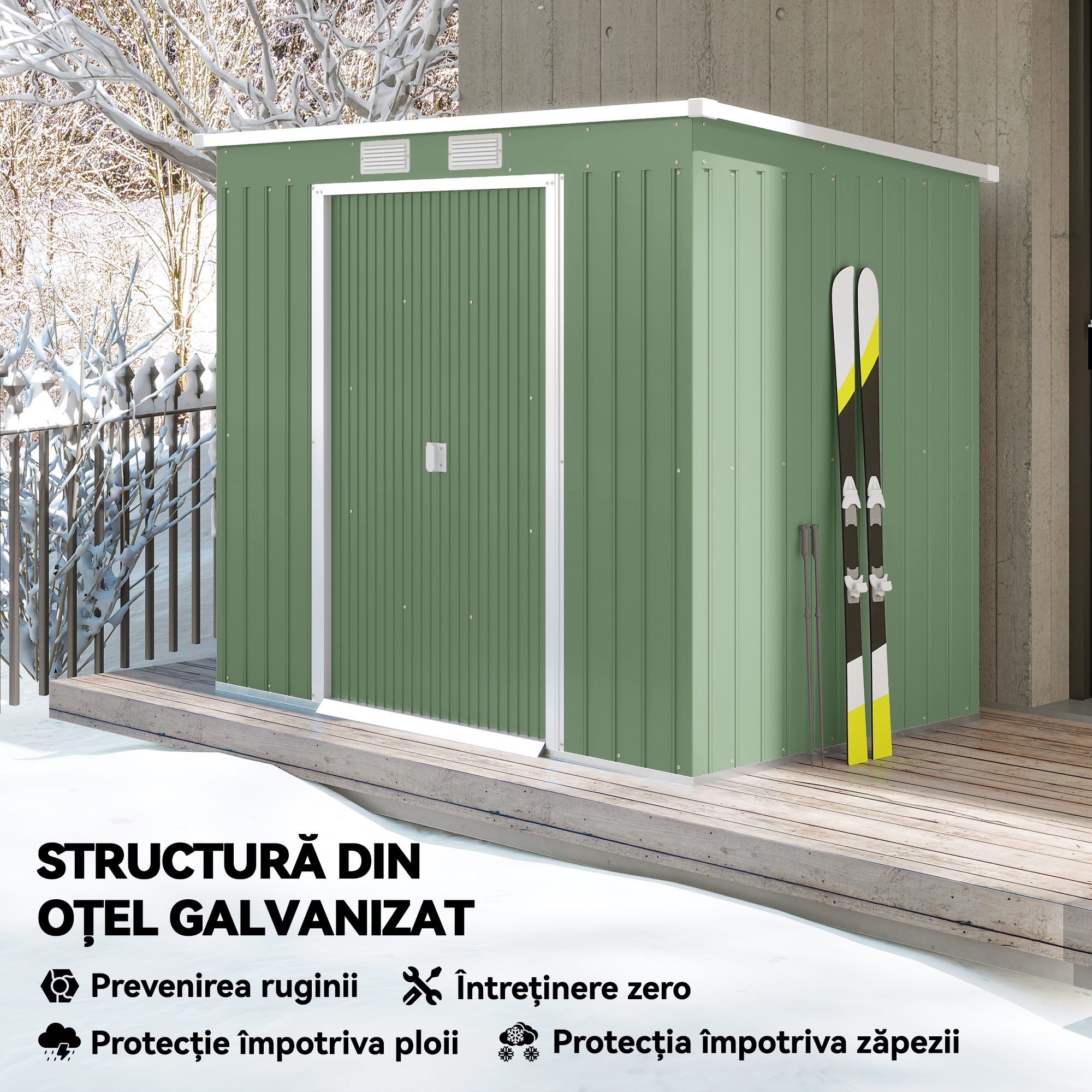  Magazie de gradina din otel cu acoperis inclinat, usa glisanta dubla si orificii de aerisire, 213x130x173 cm, verde [3]