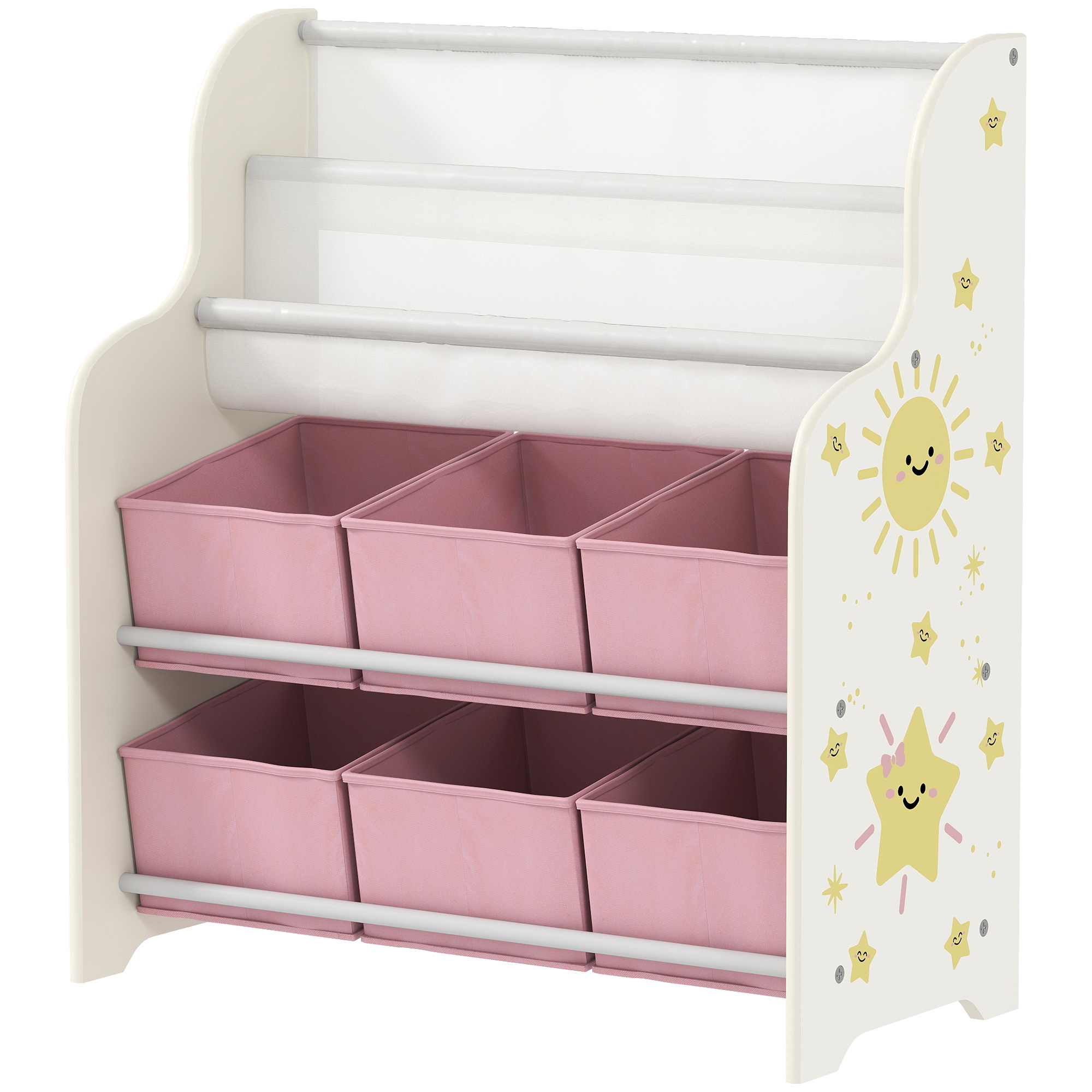 AIYAPLAY Étagère à Jouets avec 6 Tiroirs en Tissu et Étagère à 2 Niveaux, en Bois et Acier, 63x30x71 cm, Rose