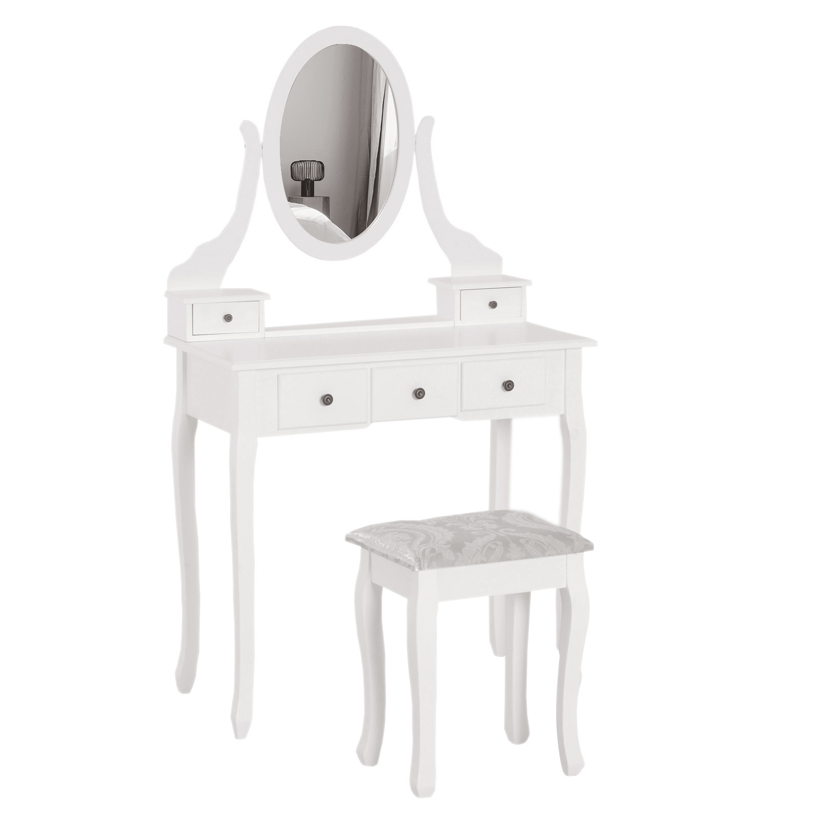HOMCOM Tocador + Taburete y Espejo Mesa Maquillaje 5 Cajones Blanco Negro Mesa MDF (Blanco) | Aosom España