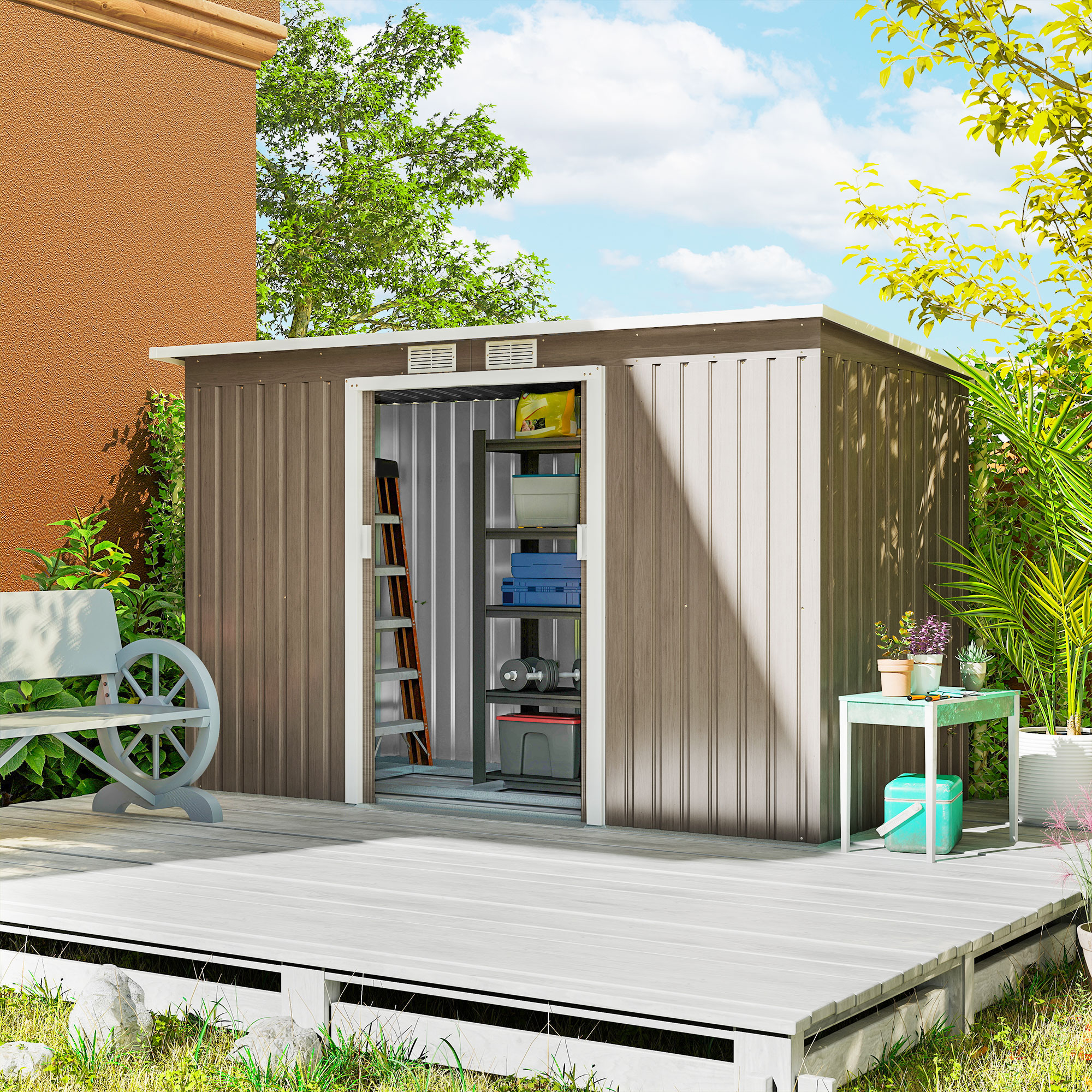 Outsunny 4 x 9ft Metal Shed, with Foundation Shed Brown 2