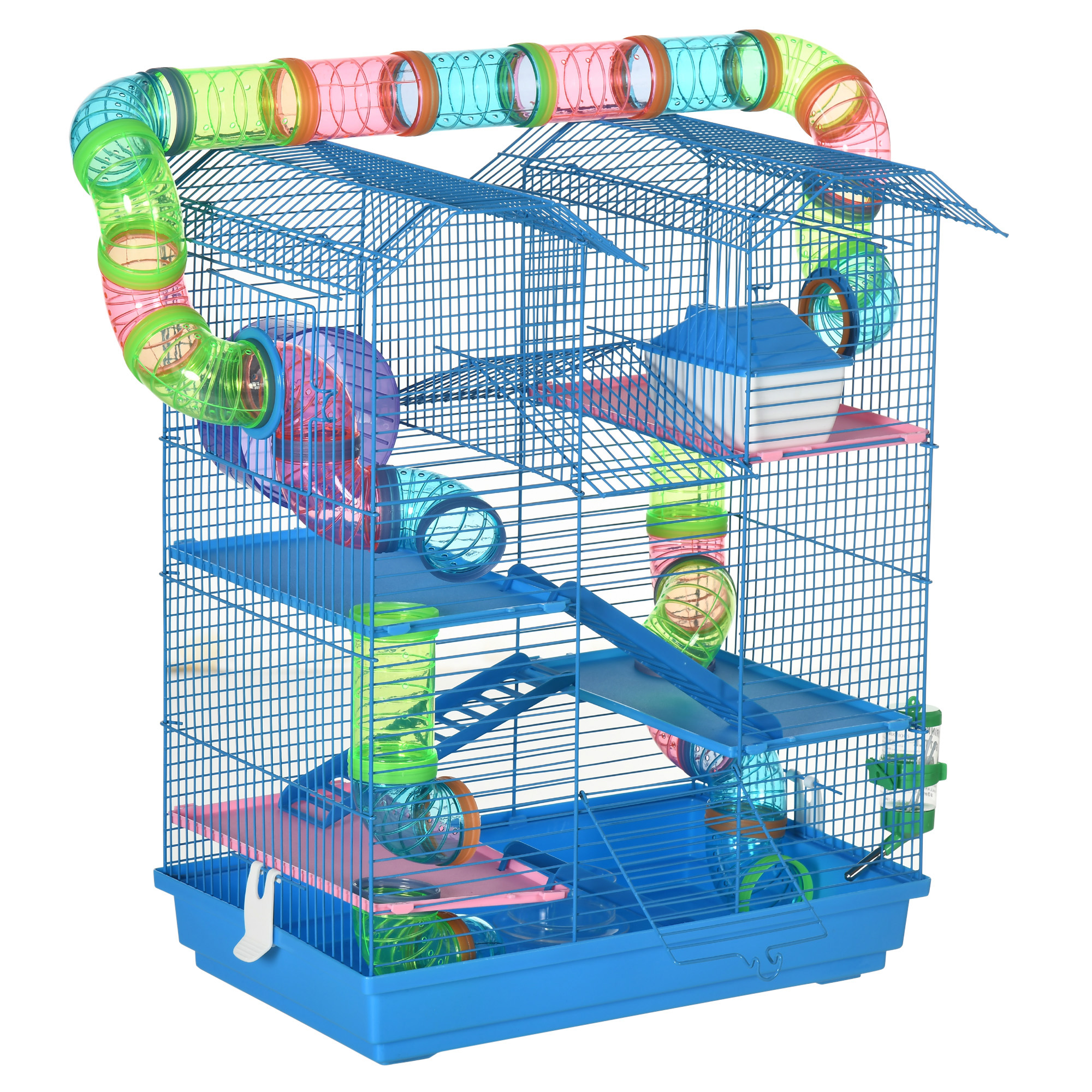 PawHut Gabbia per Criceti e Roditori a 5 Piani, Gabbietta per Criceti con Tubi Colorati, Ruota, Casetta e Accessori Inclusi, 47x30x59 cm, Blu