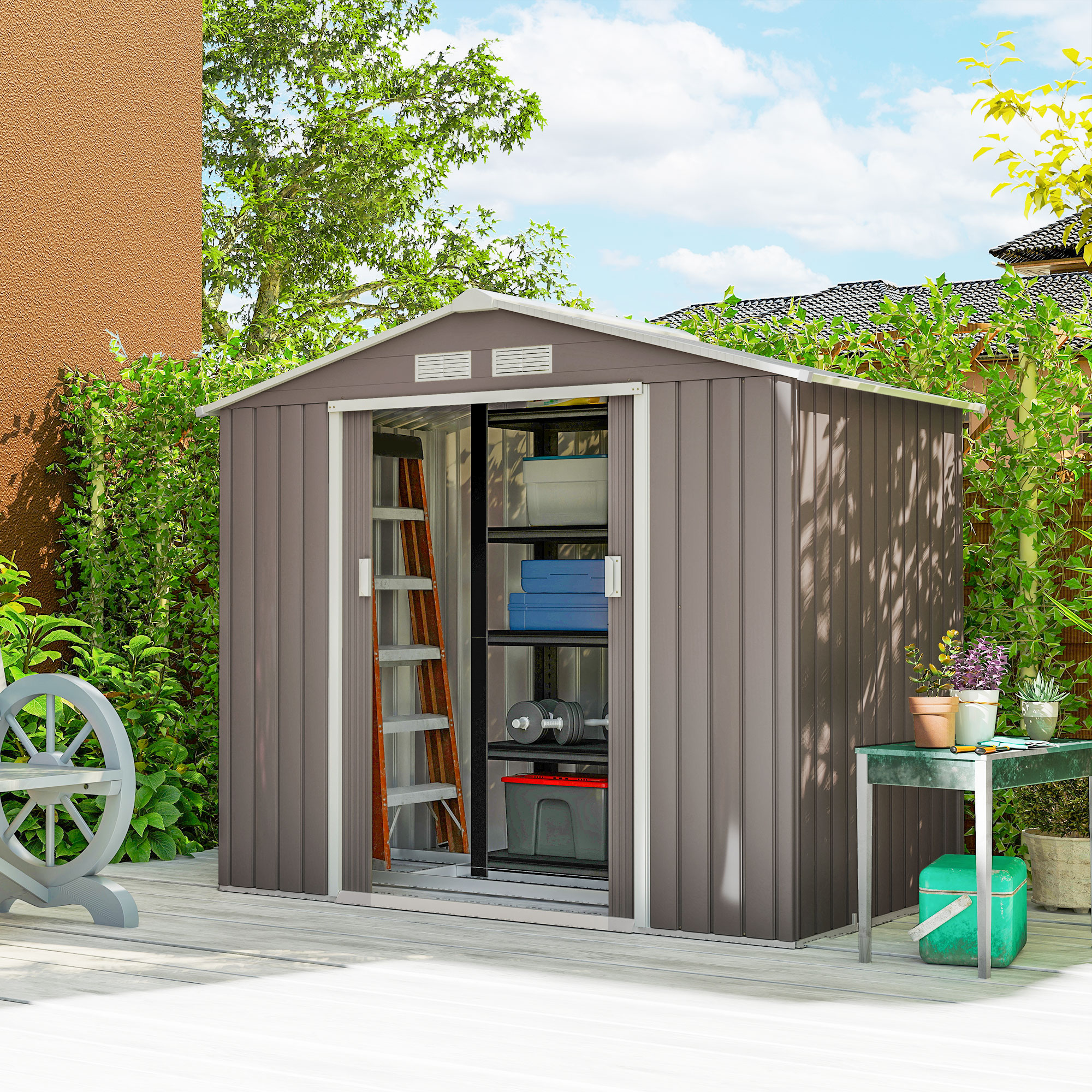Outsunny Gerätehaus Gartenhaus mit Bodenrahmen & Schiebetüren, wetterfest, günstig online kaufen