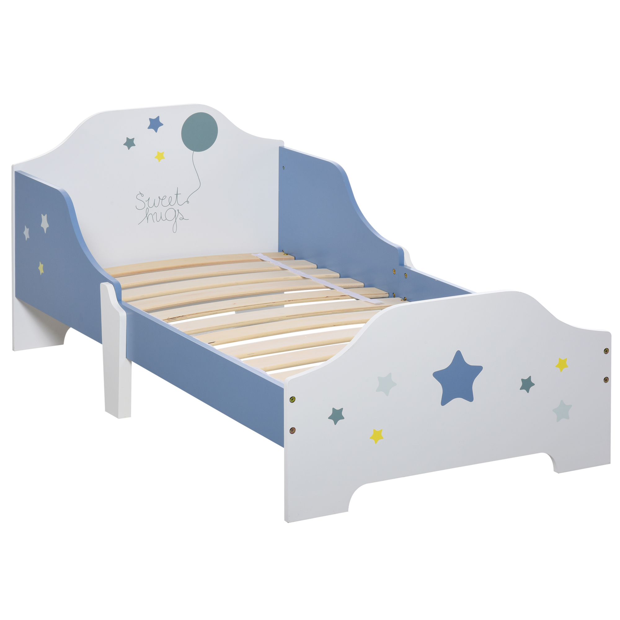 HOMCOM Cama para Niños de +3 Años 143x74x59 cm Cama Infantil de Madera con Estampado con Estrellas Carga 50 kg Azul y Blanco | Aosom España