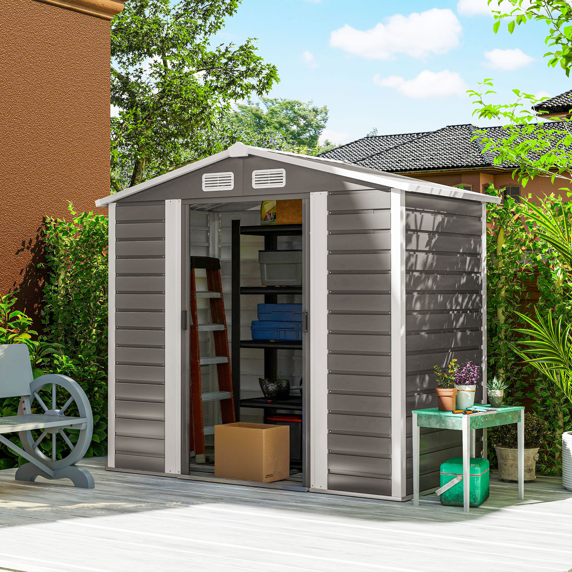 Outsunny 7 x 4ft Garden Shed, Easy to Assemble, Upgraded Galvanised Steel Frame with Foundation Kit, Double Doors with Lock, Outdoor Metal Shed with Vents and Gloves, Garden Storage Shed, Light Grey 2