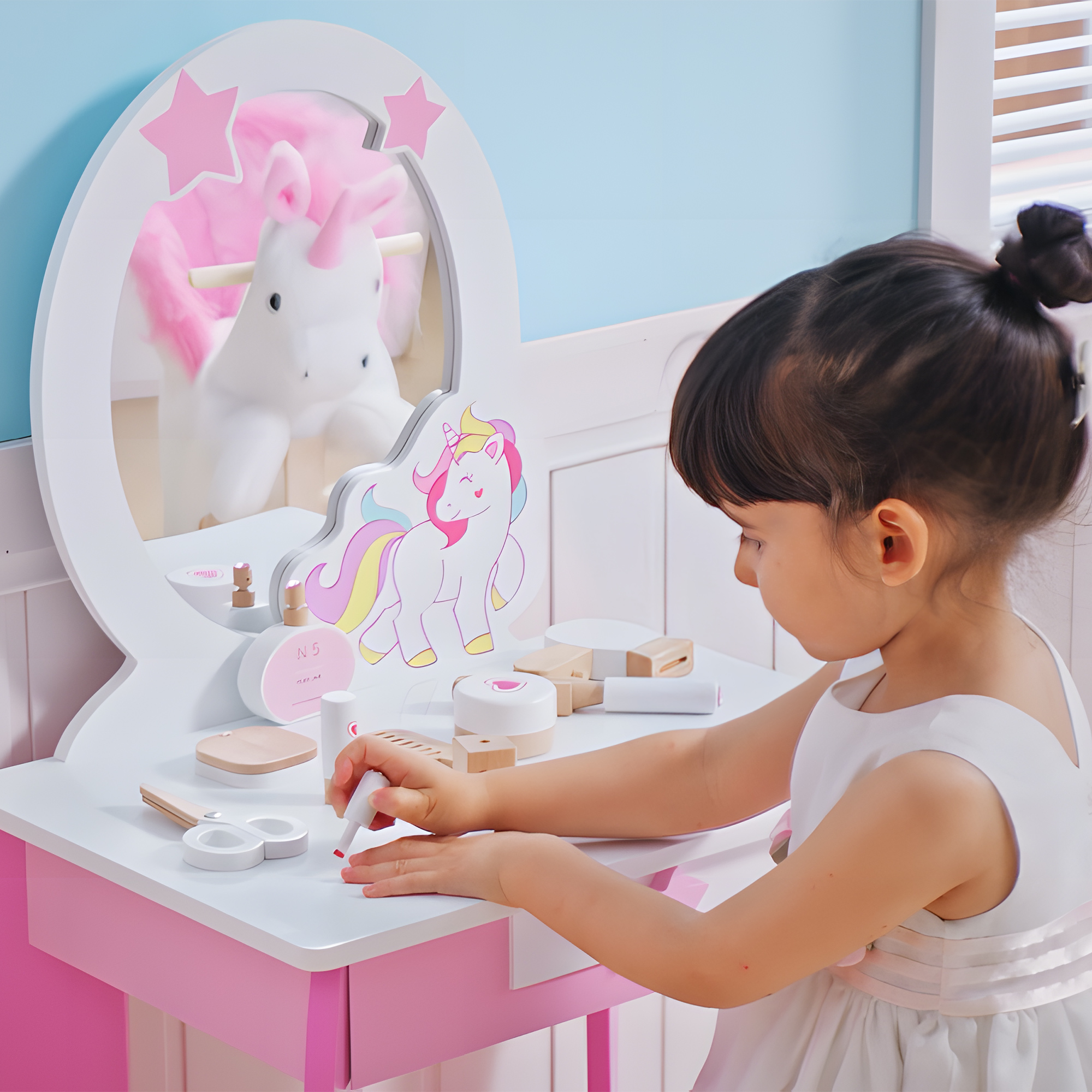HOMCOM Kids Dressing Table with Mirror, Stool, Pink 8