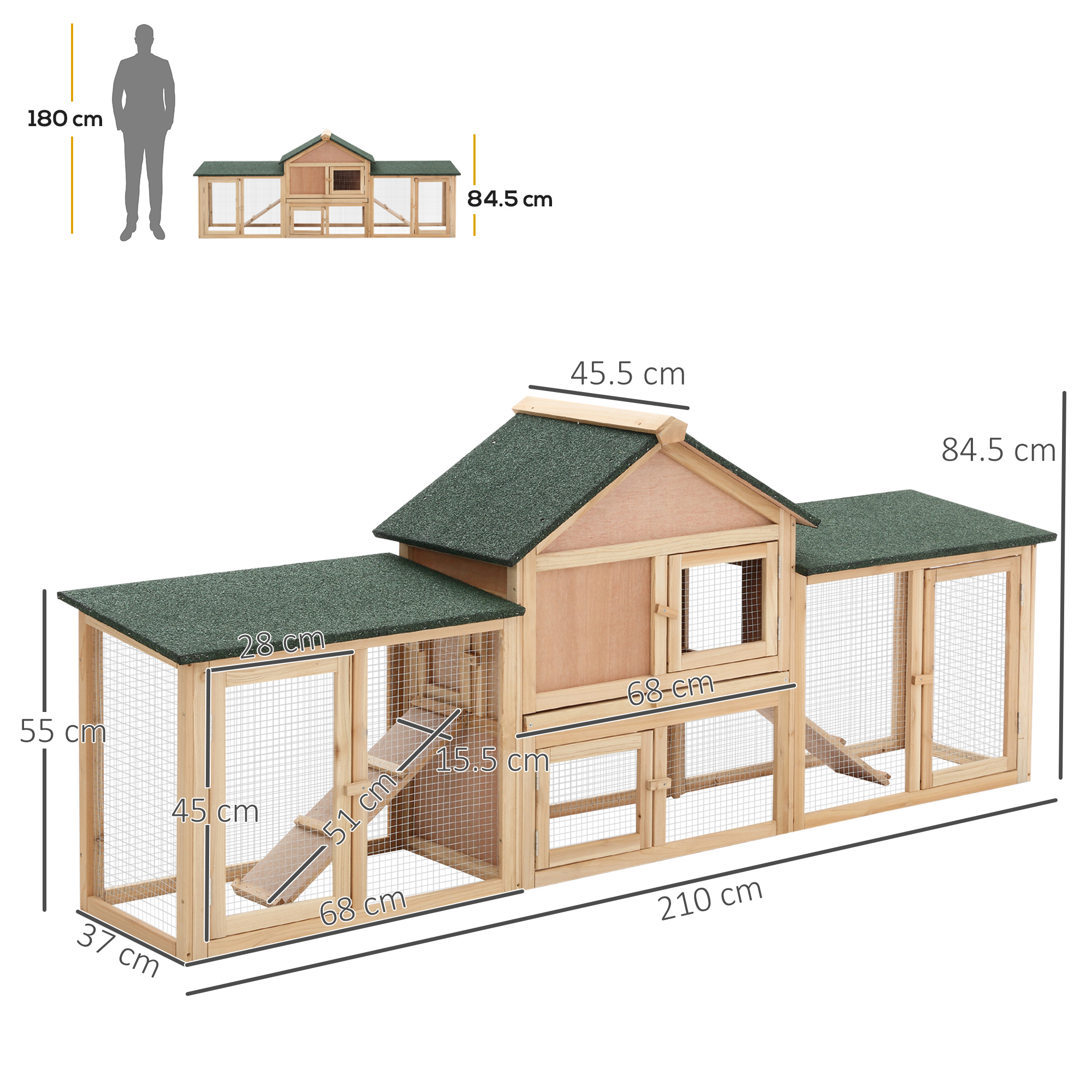 PawHut Large Rabbit Hutch Outdoor Wooden Guinea Pig Hutch with Run, 2 Storey Bunny House 210 x 45.5 x 84.5 cm 3