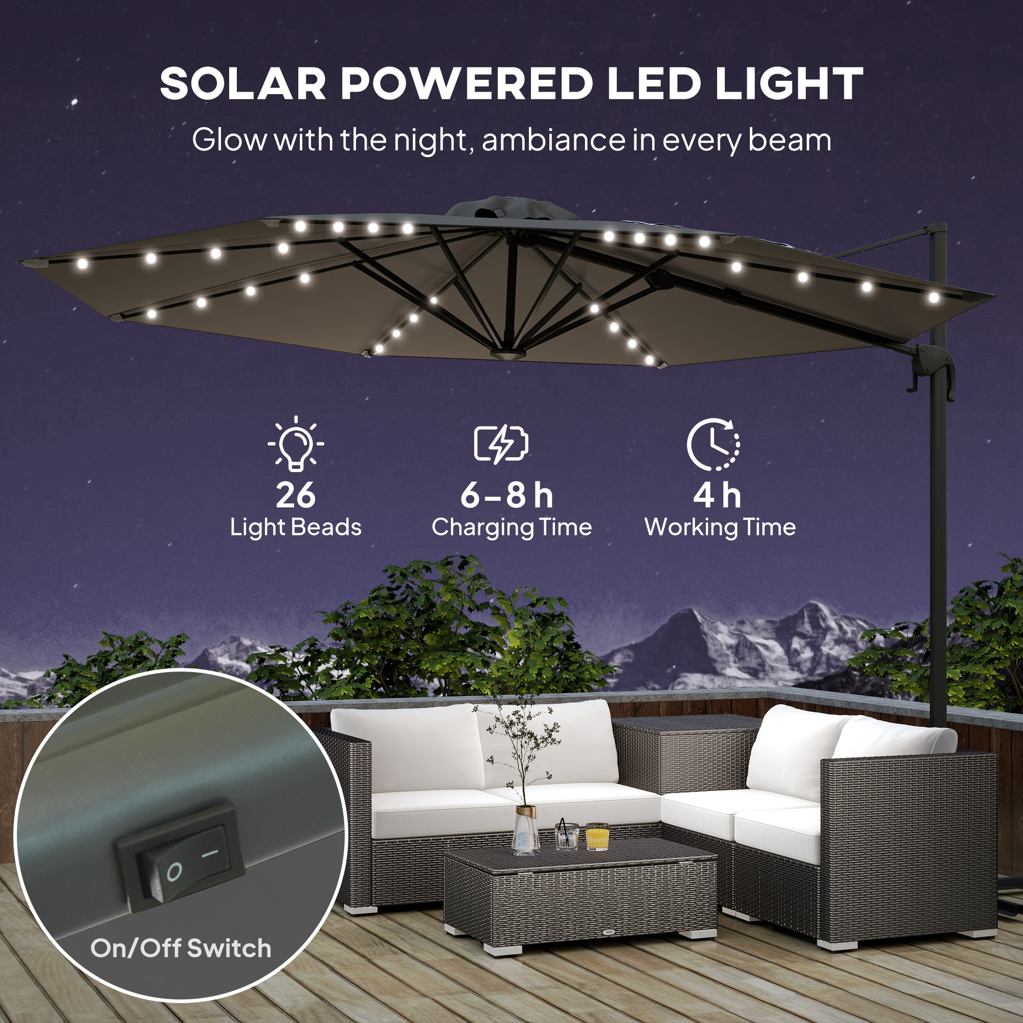 Outsunny 3(m) Cantilever Roma Parasol Patio Sun Umbrella with Crank & Tilt LED Solar Light Cross Base 360° Rotating Outdoor, Dark Grey 4