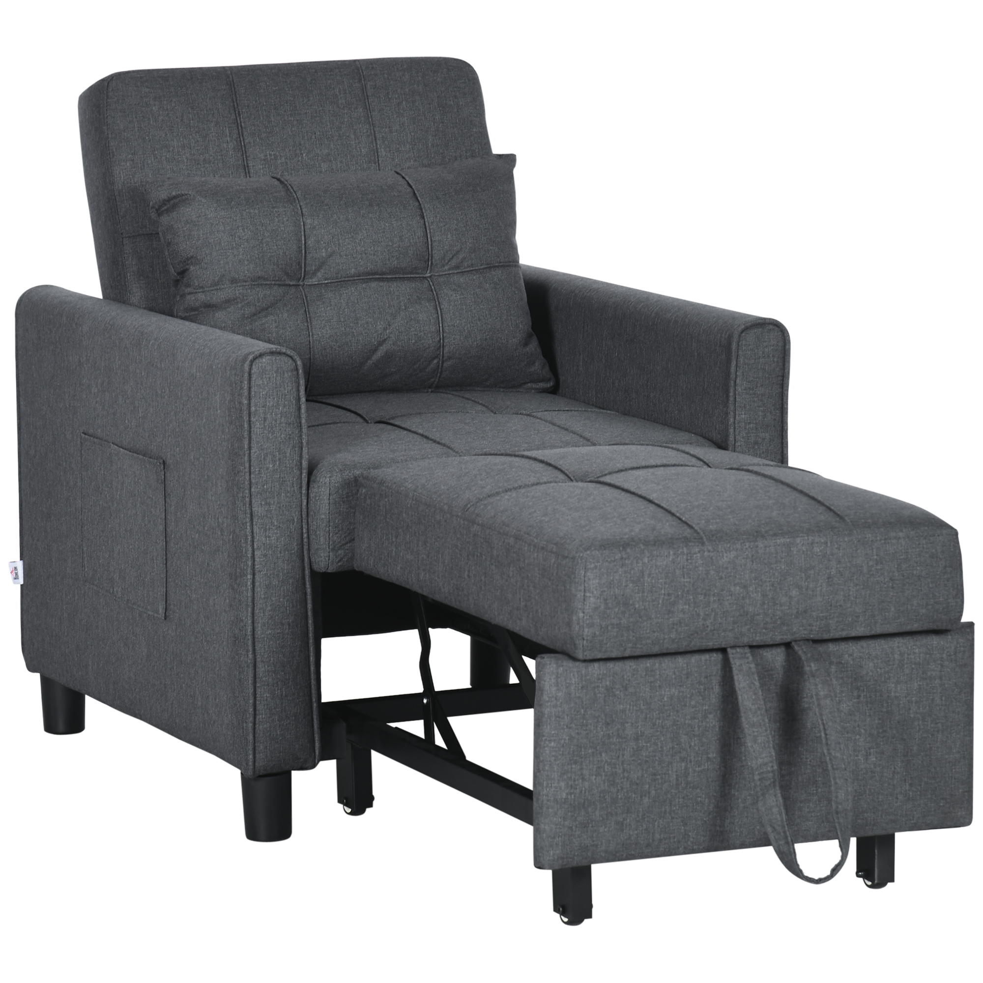 HOMCOM Sillón convertible 1 plaza 3 en 1 respaldo ajustable en 3 posiciones cojín incluido 2 bolsillos laterales 69x82x85cm gris