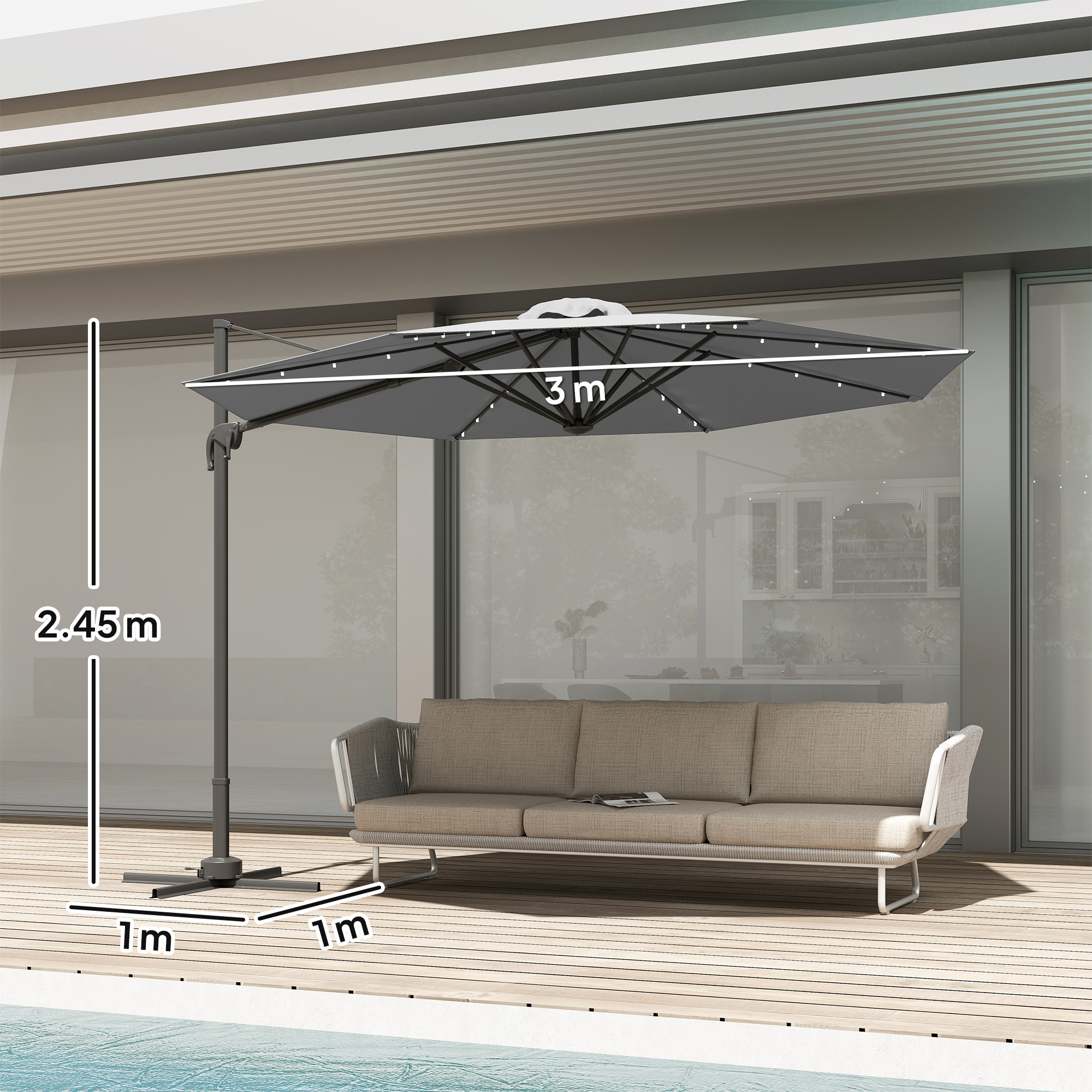 Outsunny 3(m) Cantilever Roma Parasol Patio Sun Umbrella with Crank & Tilt LED Solar Light Cross Base 360° Rotating Outdoor, Dark Grey 3