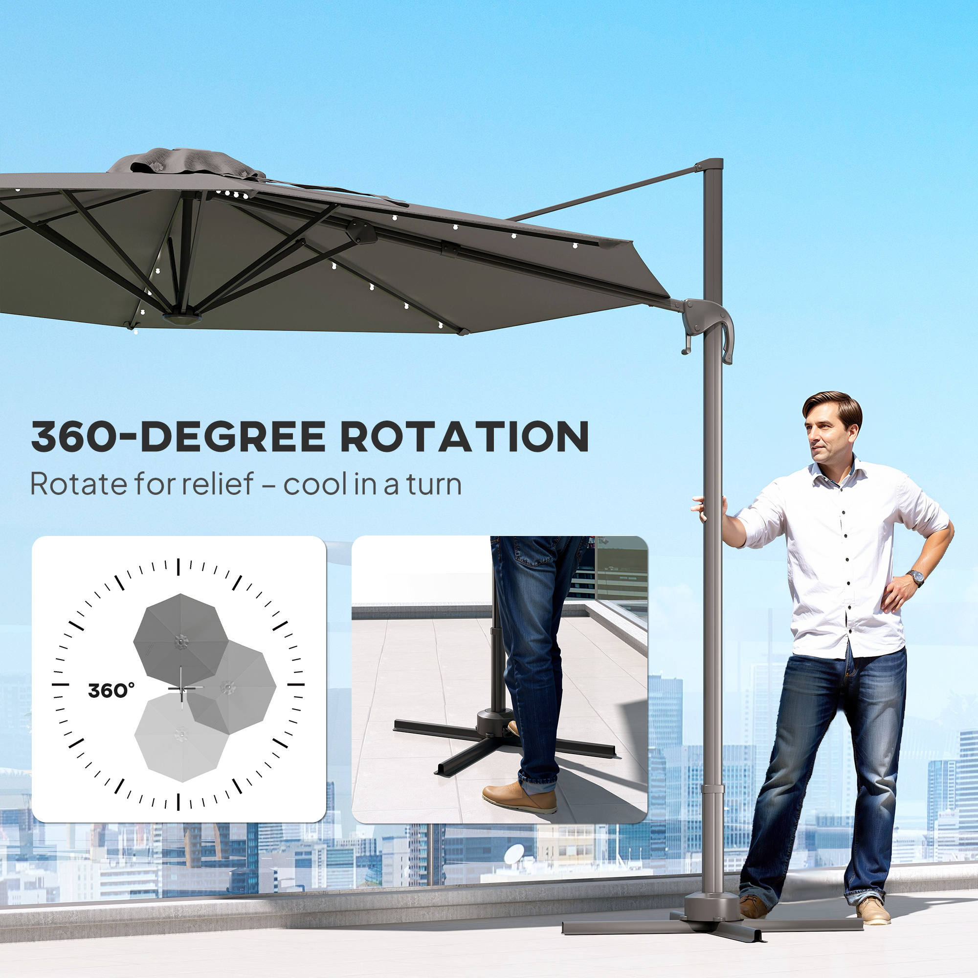 Outsunny 3(m) Cantilever Roma Parasol Patio Sun Umbrella with Crank & Tilt LED Solar Light Cross Base 360° Rotating Outdoor, Dark Grey 6