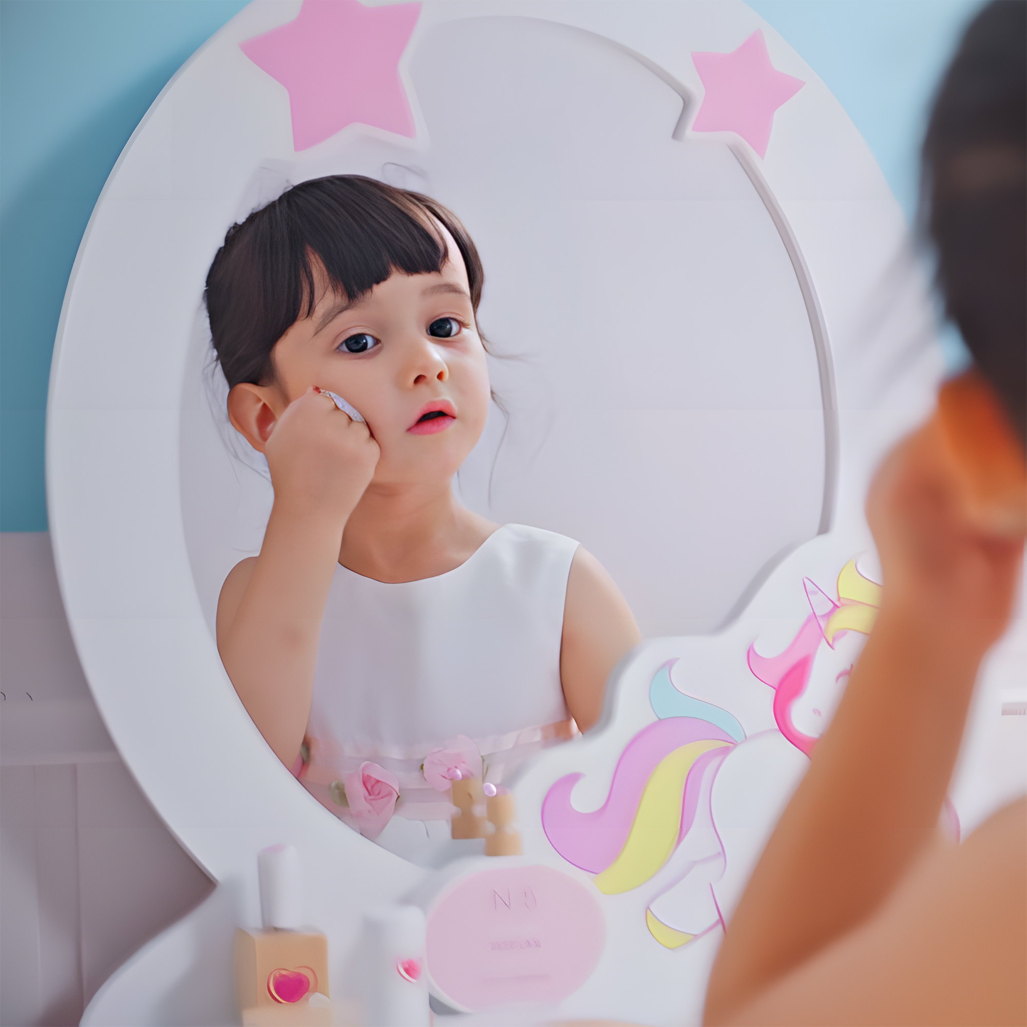 HOMCOM Kids Dressing Table with Mirror, Stool, Pink 7