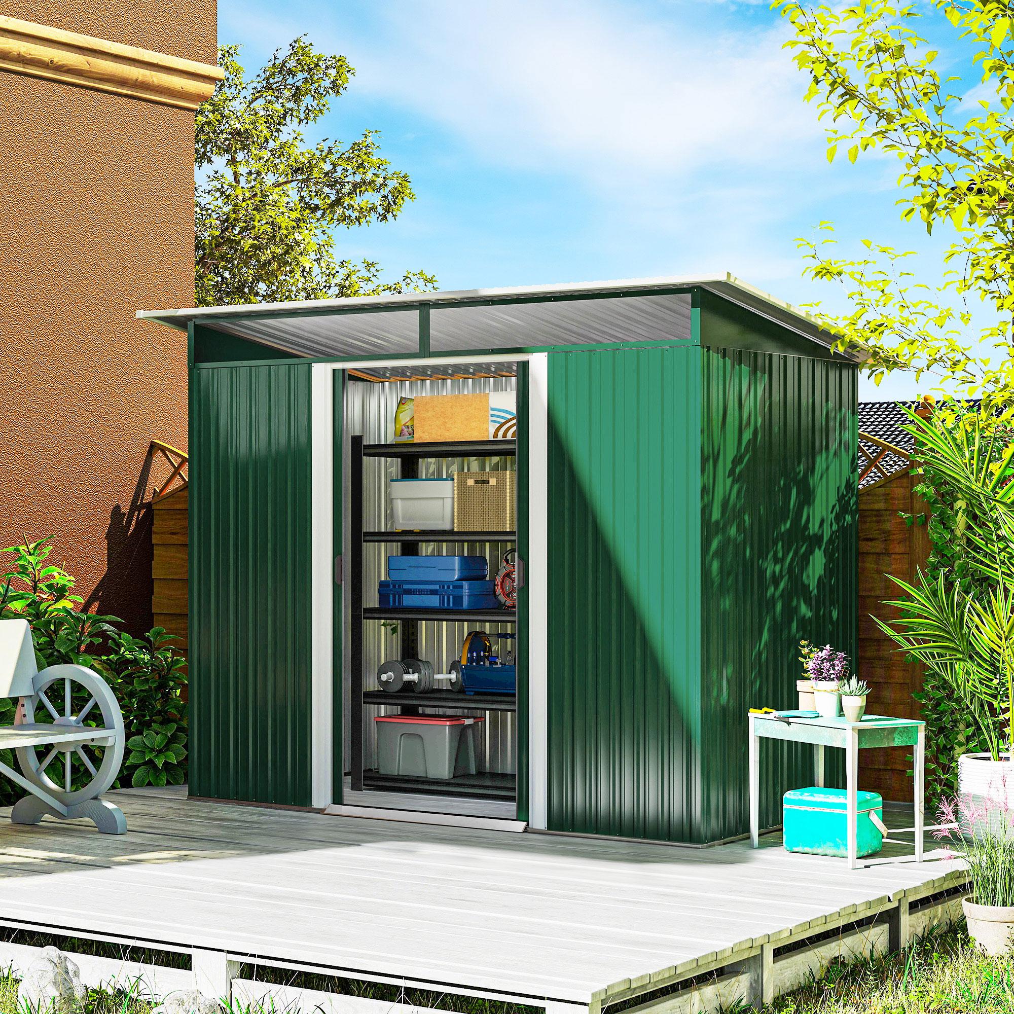 Outsunny 8.5 x 4ft Metal Shed with Lightsky Panels, Garden Storage Tool House with Double Doors for Garden, Patio and Lawn, Green 2
