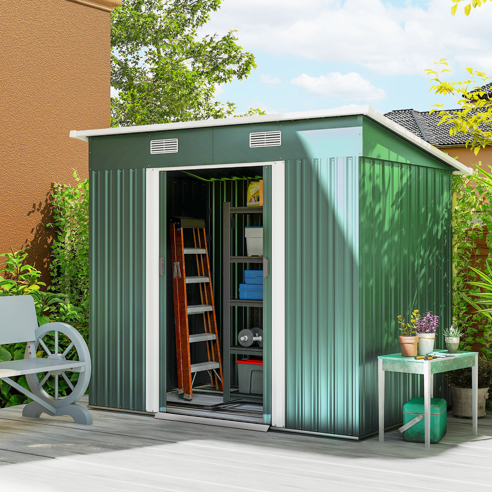 Outsunny 7 x 4ft Outdoor Storage Shed with Foundation Kit, Lean to Metal Garden Shed for Log, Rubbish Bin, Tool, Lawnmower, Bike, Patio and Lawn Use, Green 2