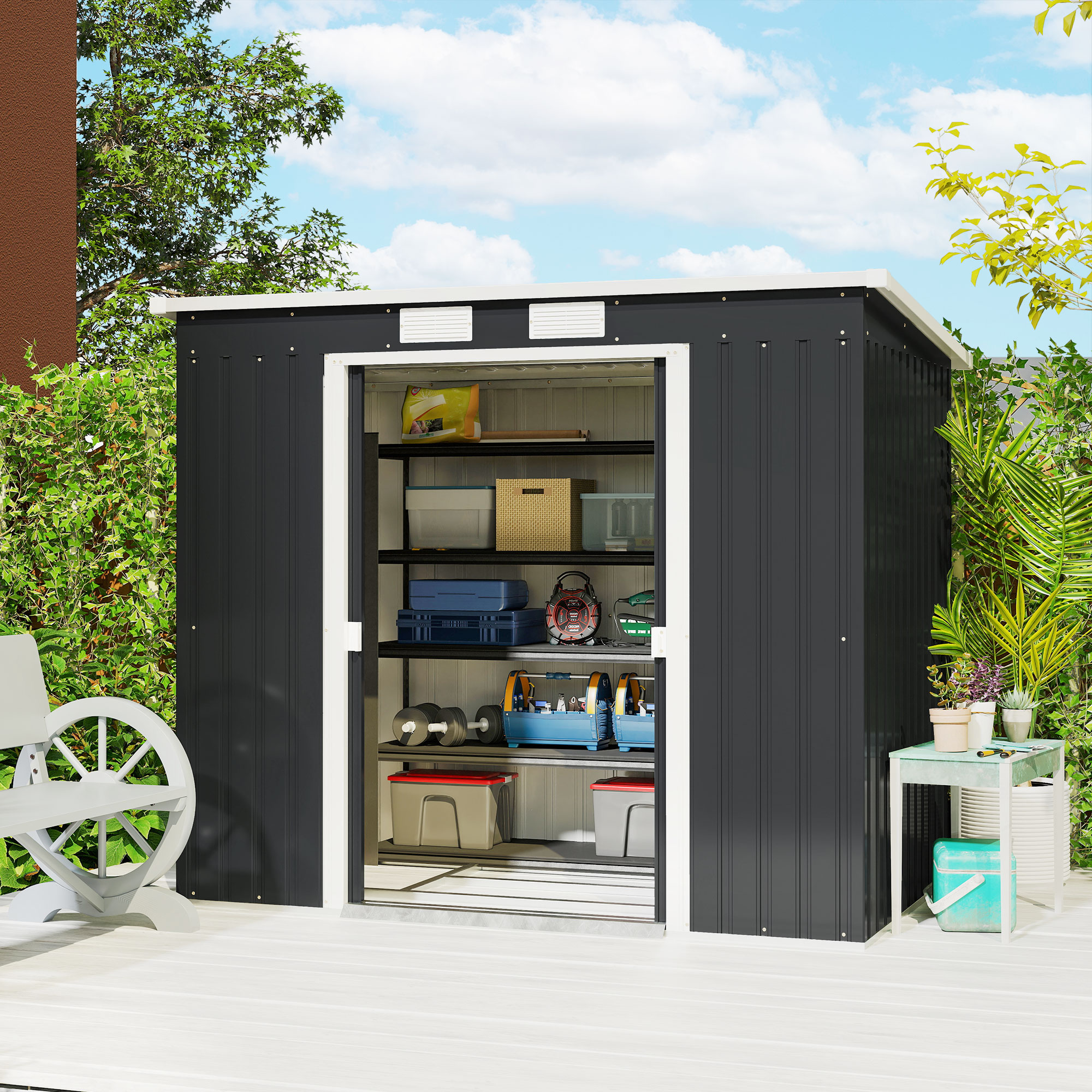 Outsunny 7 x 4ft Galvanised Steel Garden Shed, with Foundation Kit Dark Grey 2