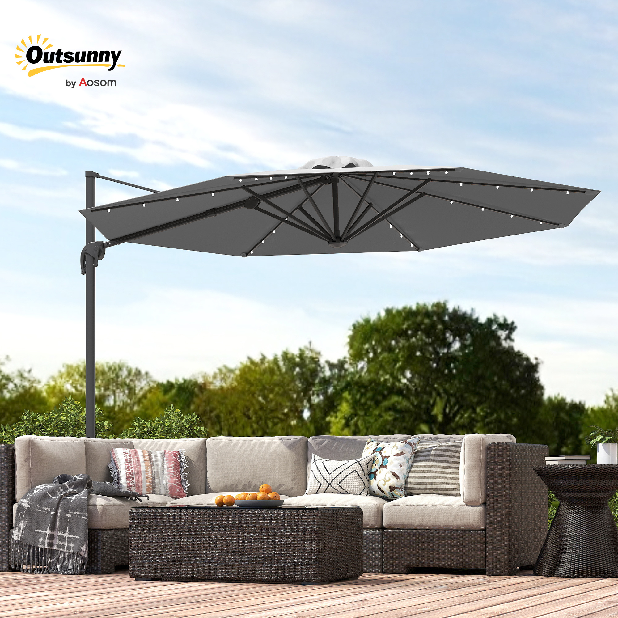 Outsunny 3(m) Cantilever Roma Parasol Patio Sun Umbrella with Crank & Tilt LED Solar Light Cross Base 360° Rotating Outdoor, Dark Grey 9
