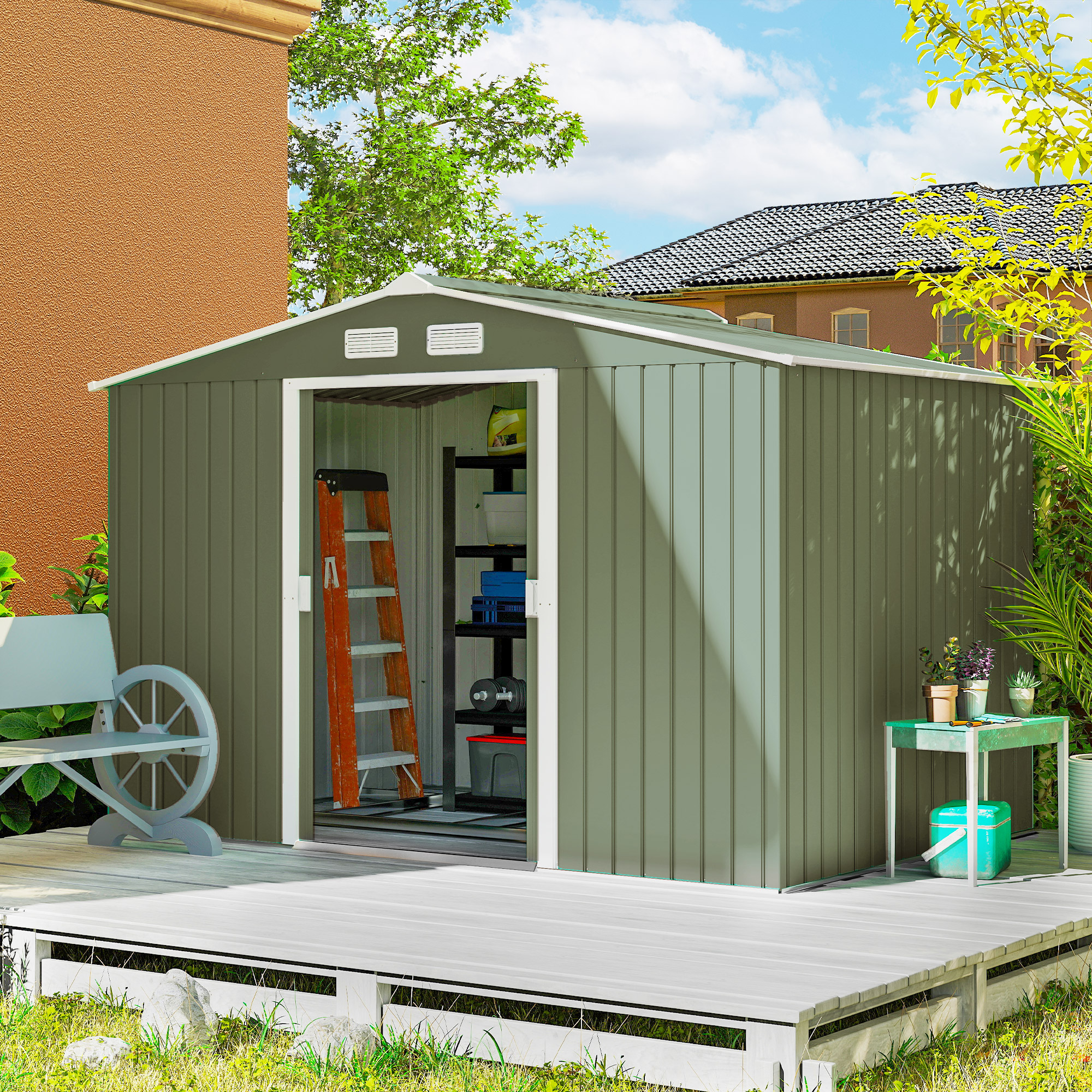 Outsunny 9 x 6ft Metal Garden Shed, Outdoor Storage Tool House with Ventilation Slots, Foundation Kit and Lockable Double Doors, Light Green 2