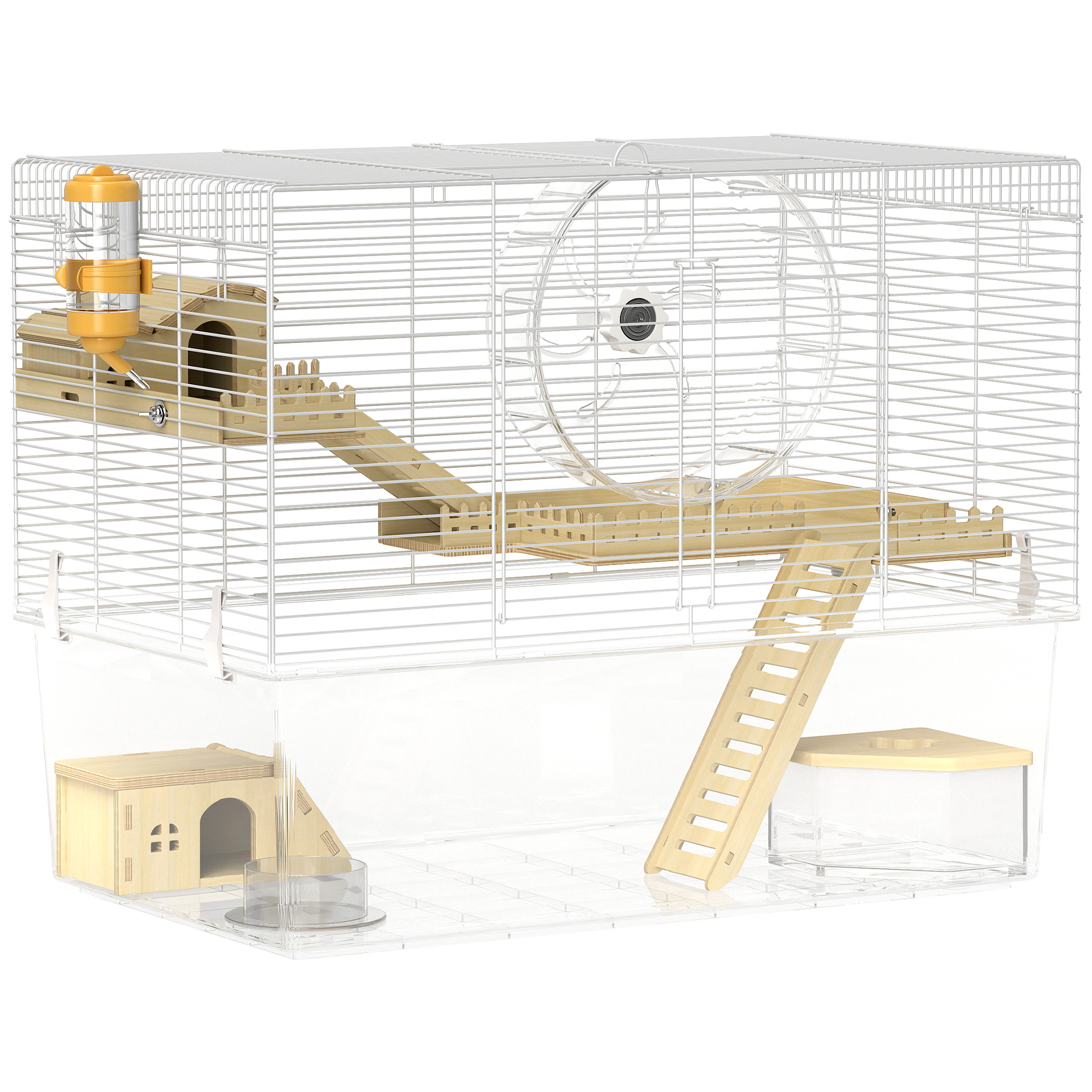 PawHut Cage à hamster à 3 niveaux, cage rongeur avec roue d’exercice, plateau profond transparent, 59 x 35,5 x 47 cm, blanc