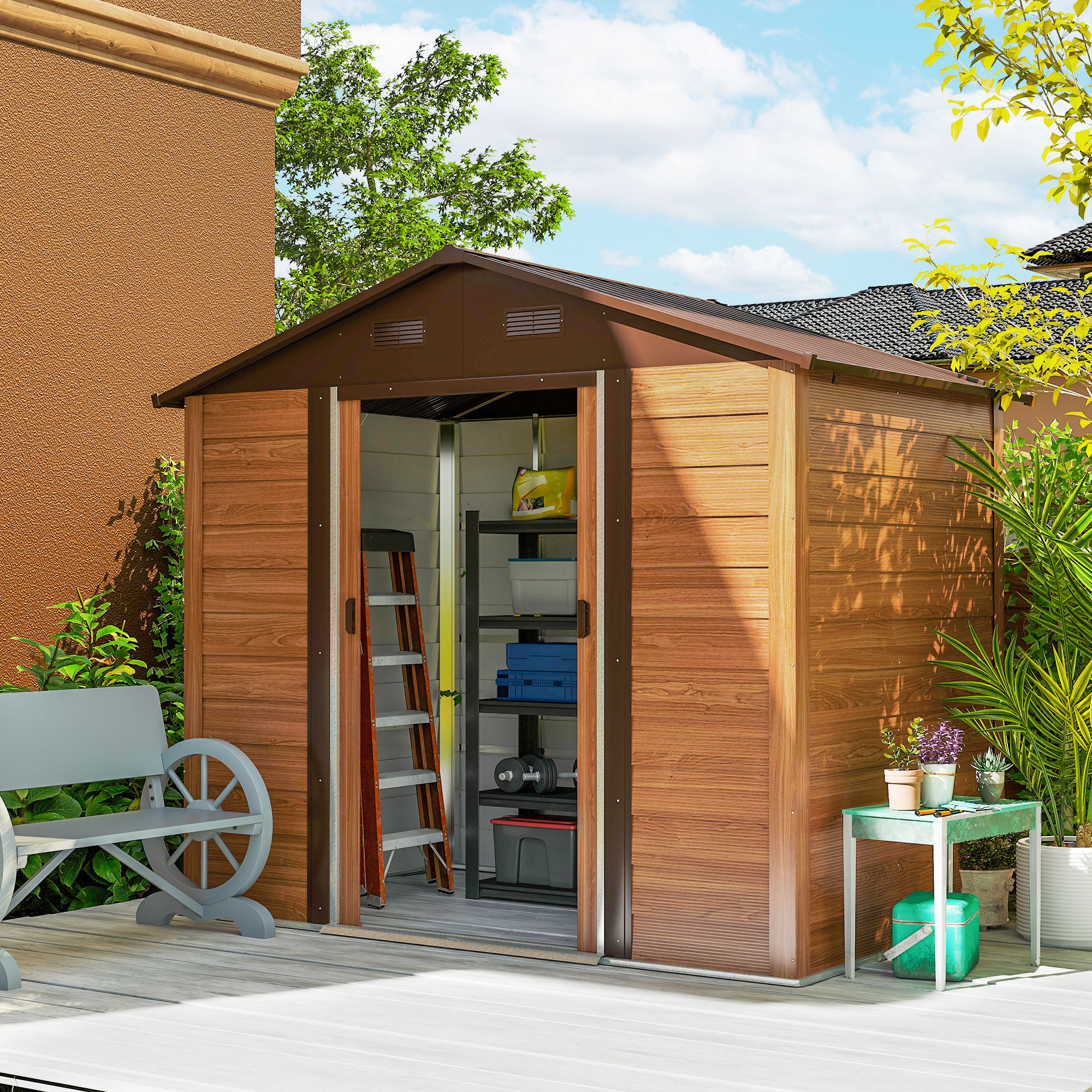 Outsunny 6 x 8ft Galvanised Steel Shed Brown Wood-Effect 2