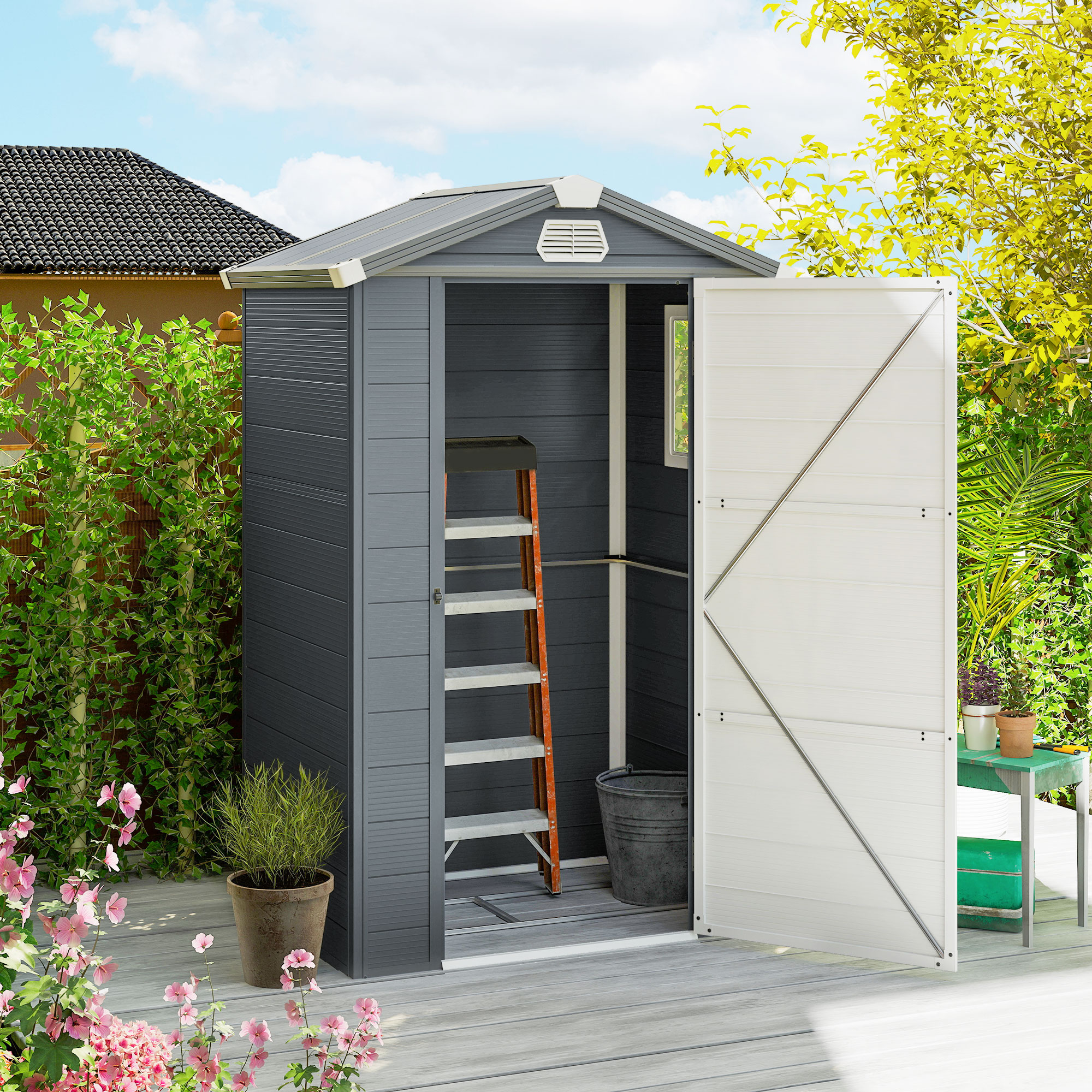 Outsunny 4.4ft x 3.3ft size Aluminium Frame and Plastic Wall Shed, with Foundation Grey 2