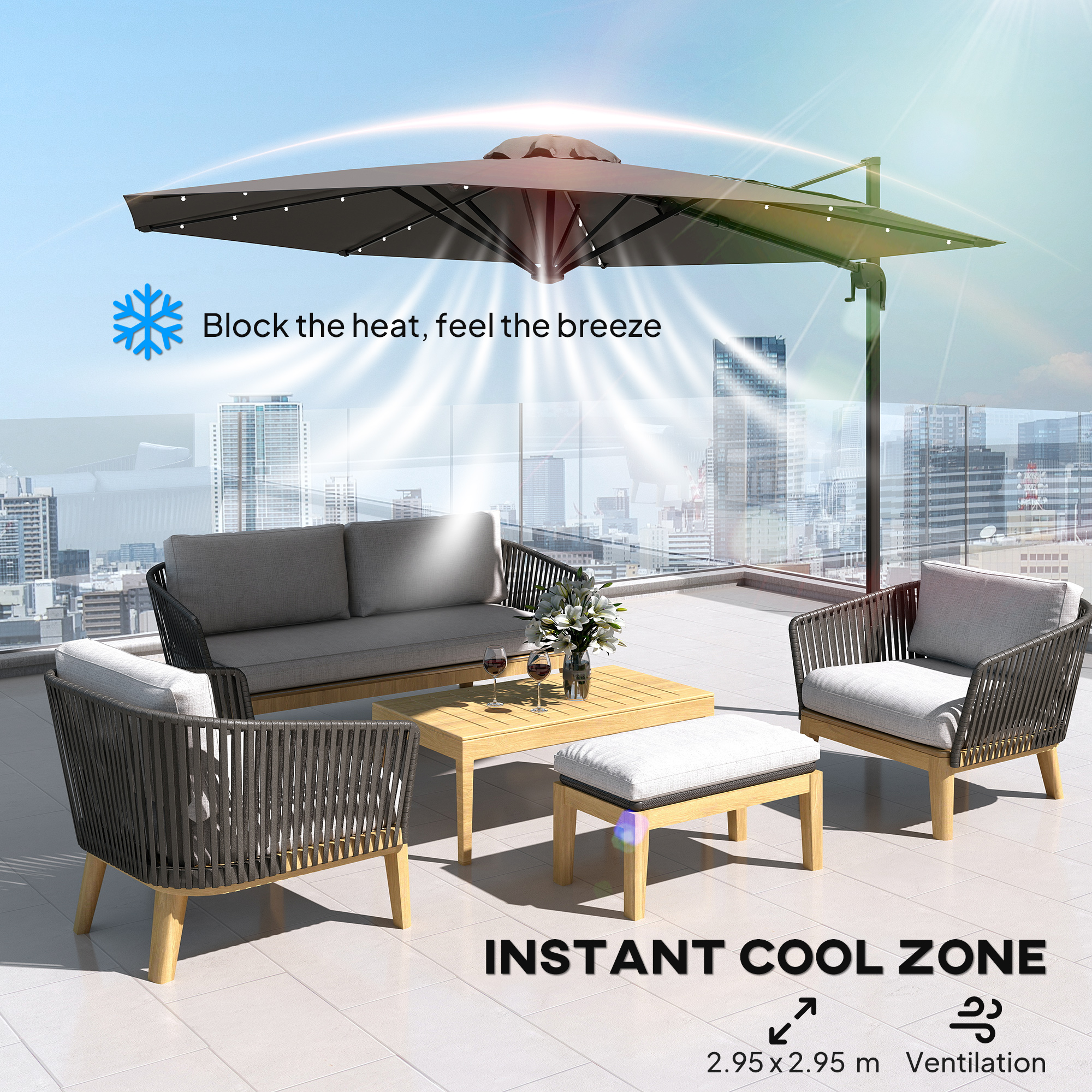 Outsunny 3(m) Cantilever Roma Parasol Patio Sun Umbrella with Crank & Tilt LED Solar Light Cross Base 360° Rotating Outdoor, Dark Grey 7