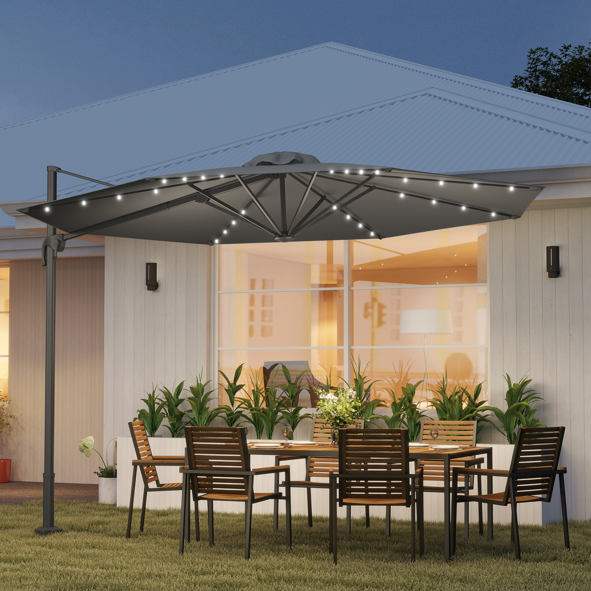 Outsunny 3(m) Cantilever Roma Parasol Patio Sun Umbrella with Crank & Tilt LED Solar Light Cross Base 360° Rotating Outdoor, Dark Grey 2