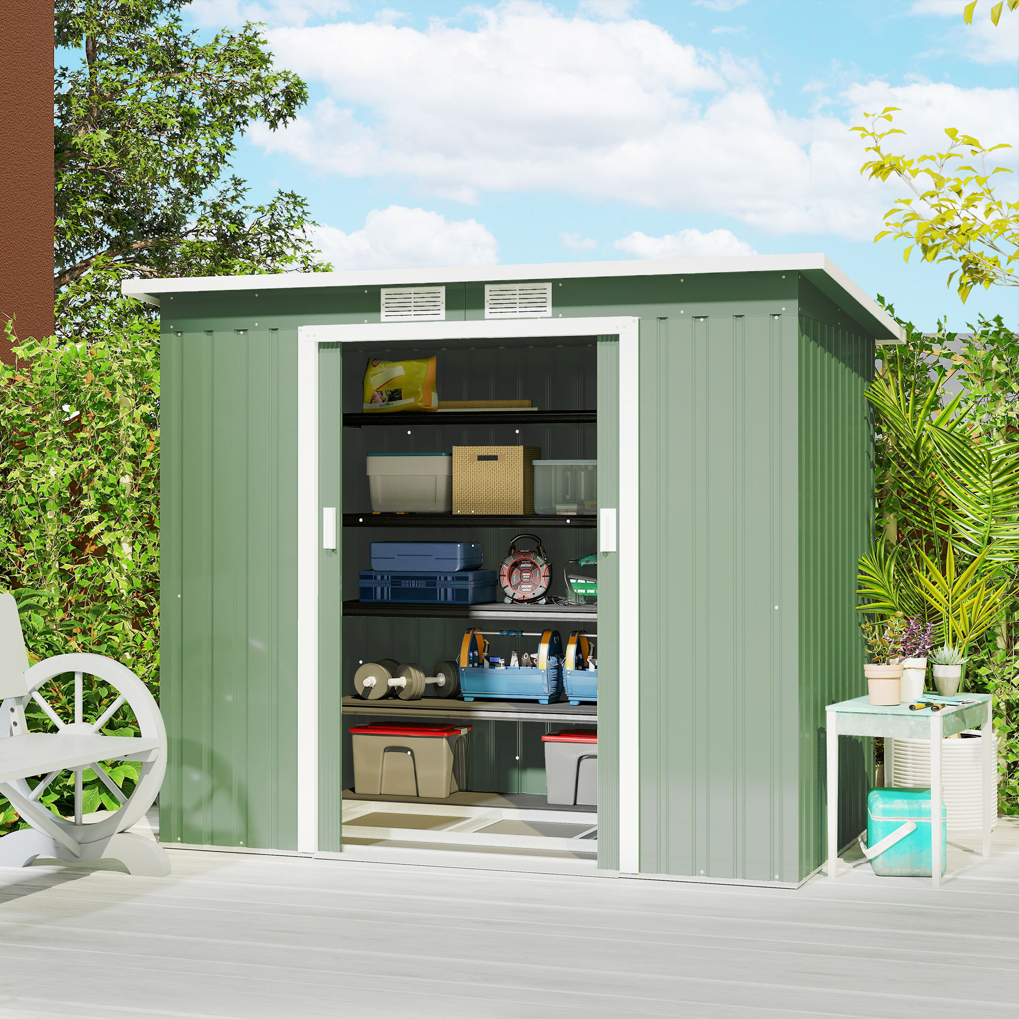 Outsunny Gerätehaus 2,42 m², Gartenhaus mit Lüftungsfenster, Schiebetür, Fu günstig online kaufen