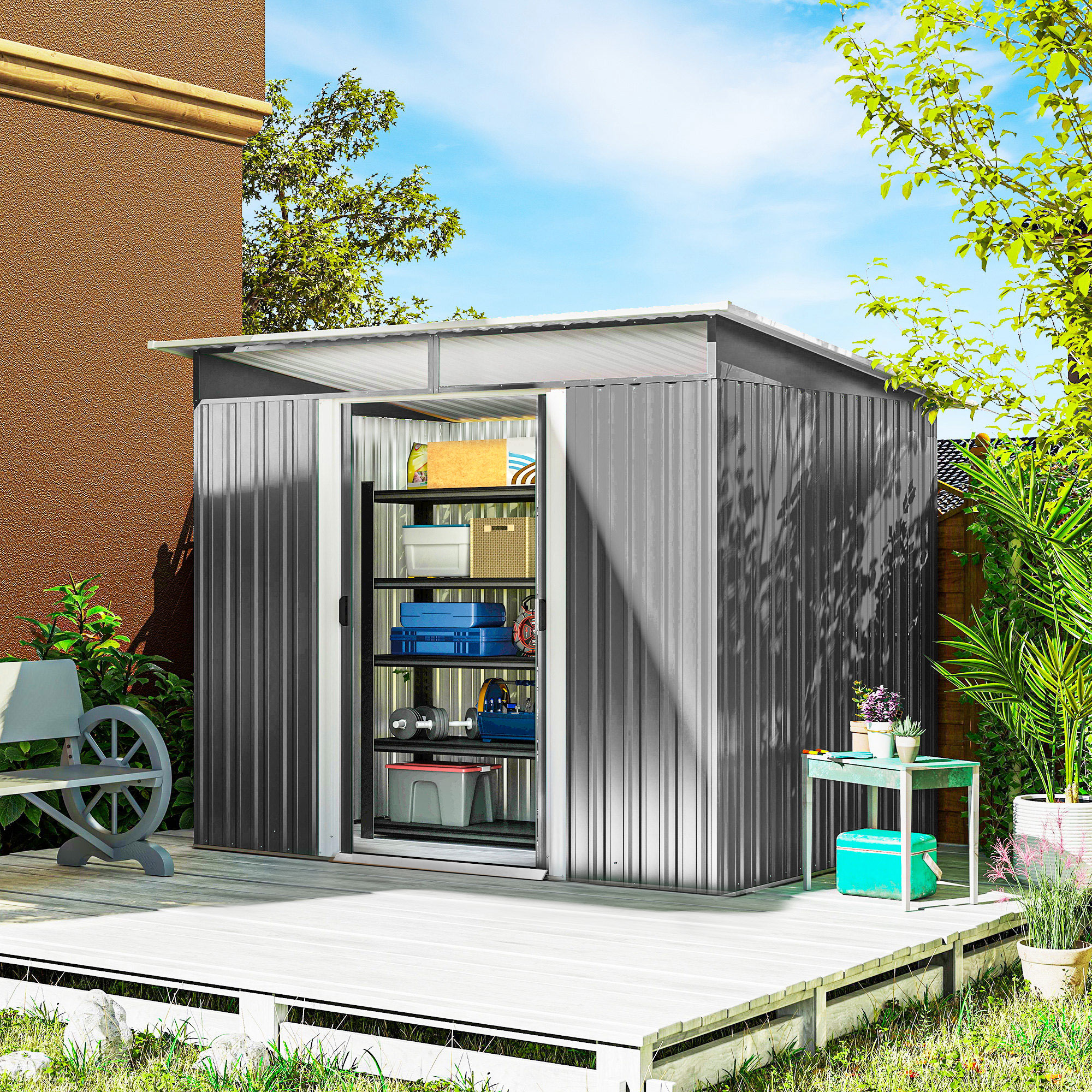 Outsunny Garden Metal Storage Shed House Hut Gardening Tool Storage w/ Tilted Roof and Ventilation 8.5 x 6ft, Grey 2